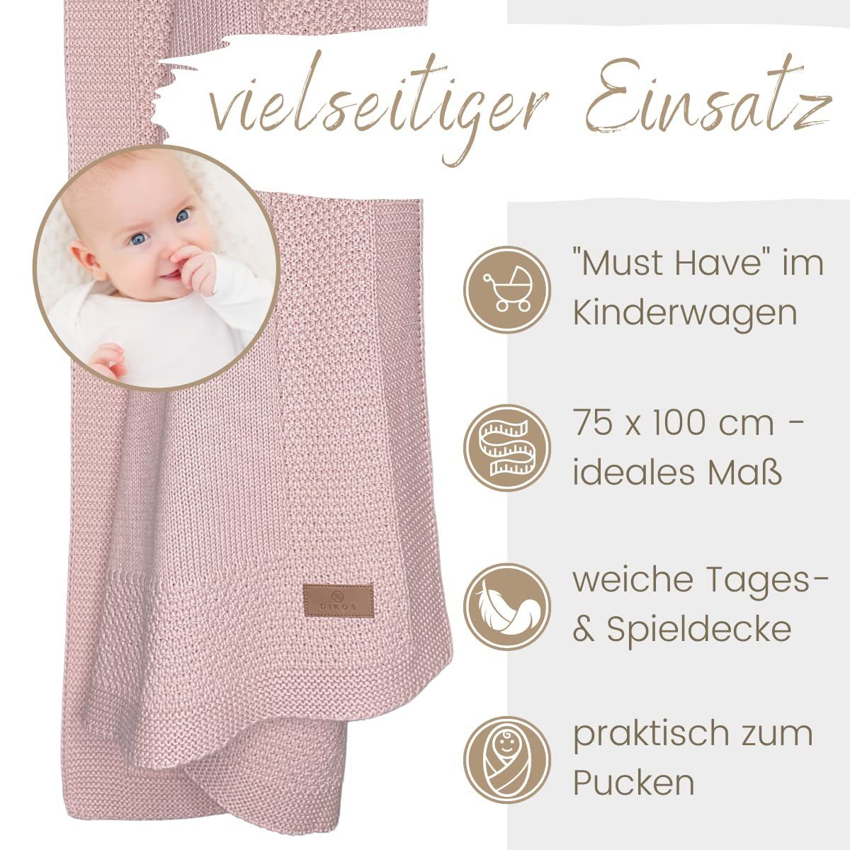 Babydecke DIKOS® Babydecke aus *100%* Bio Baumwolle, Strickdecke, Geschenk, DIKOS, PREMIUM Qualität, 75x100 cm, atmungsaktiv, nachhaltig, kuschelweich