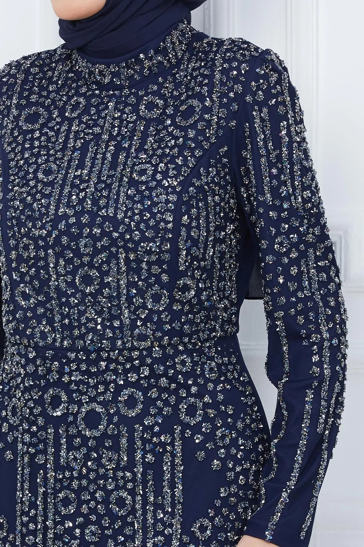 Olcay  Mit Perlen und Juwelen besetztes Tüll-Hijab-Abendkleid, MARINEBLAU 1663