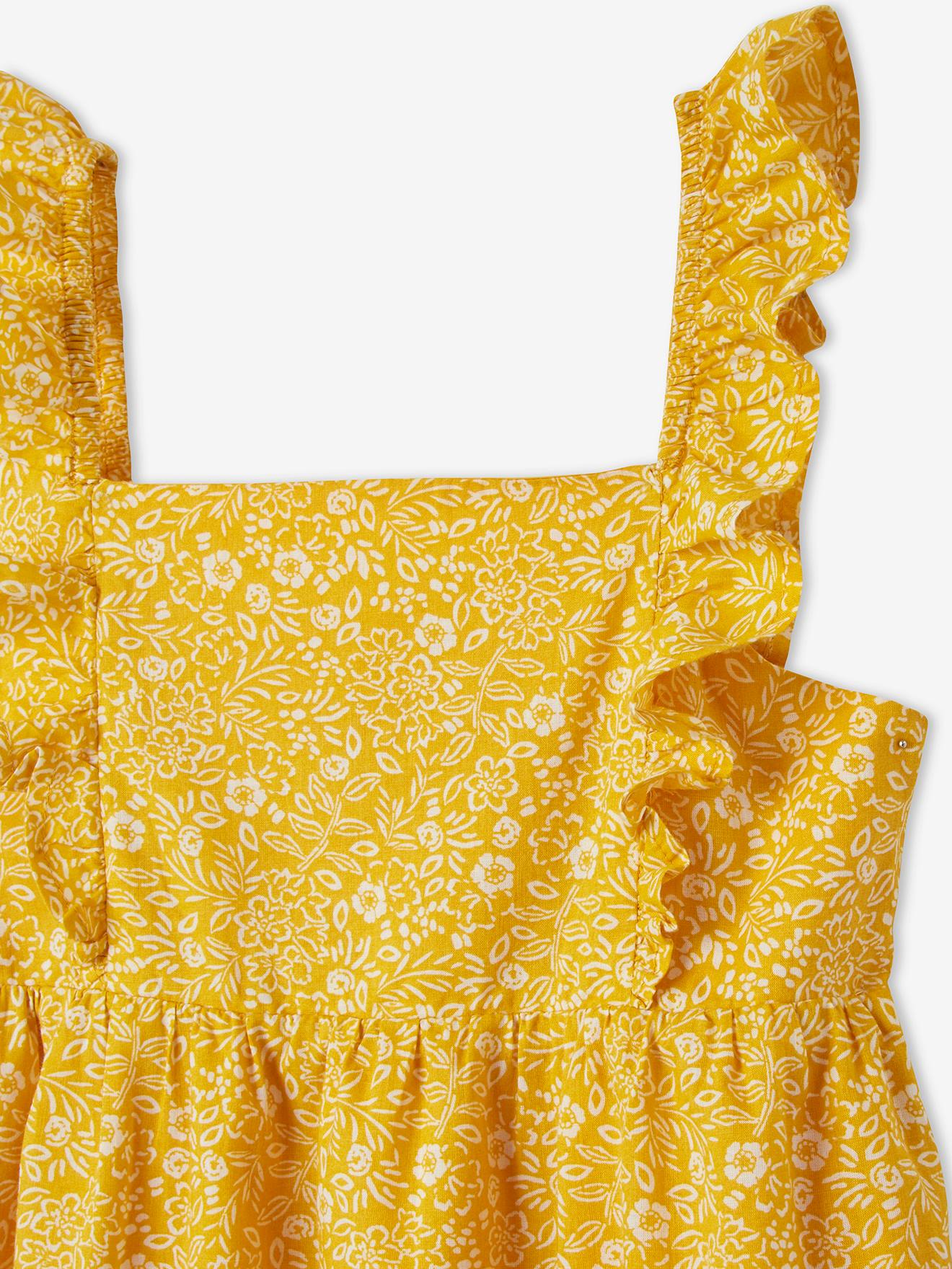 Robe à bretelle volantées fille ecru imprimé fleurs bleues