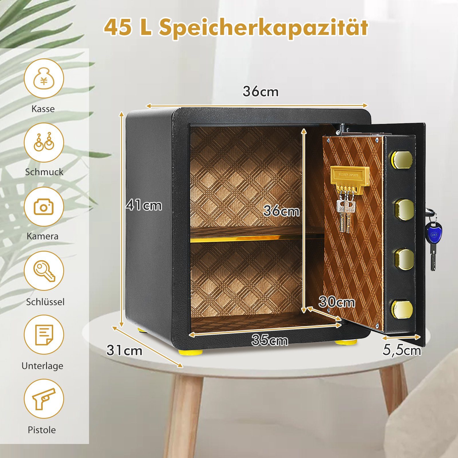 COSTWAY Tresor, 45L, mit abnehmbarem Regal & Alarmsystem, 2 Schlüsseln