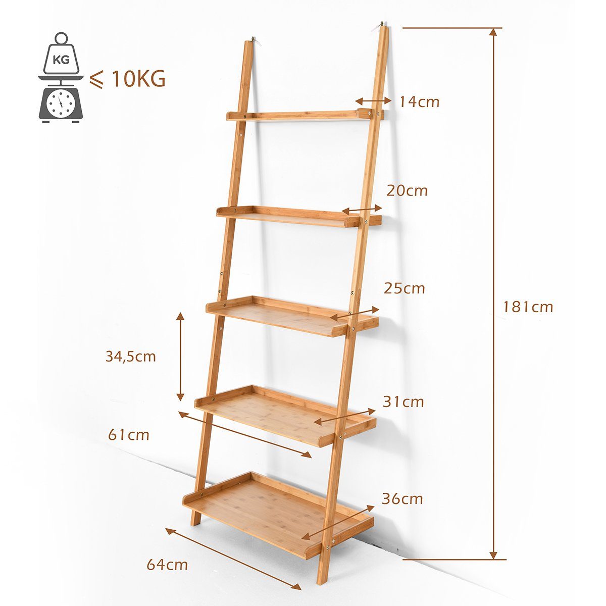 COSTWAY Leiterregal Standregal Lagerregal, Bambus, 5-stufig, 64x45x181cm