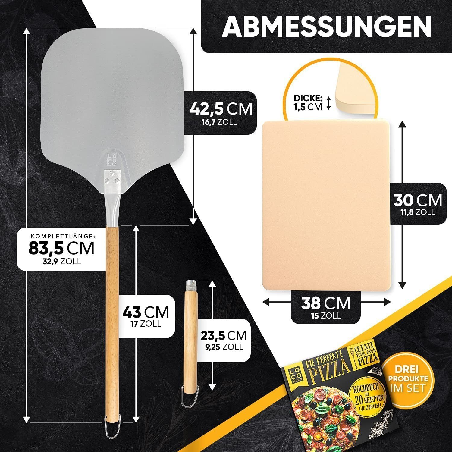 Sidorenko Pizzastein Backstein für Backofen & Gasgrill inkl. Pizzasschieber - 3er Set - Pizzastein rechteckig aus Cordierit für knusprigen Pizzaboden wie vom Italiener, Pizzaschieber und Rezeptbuch, Cordierit