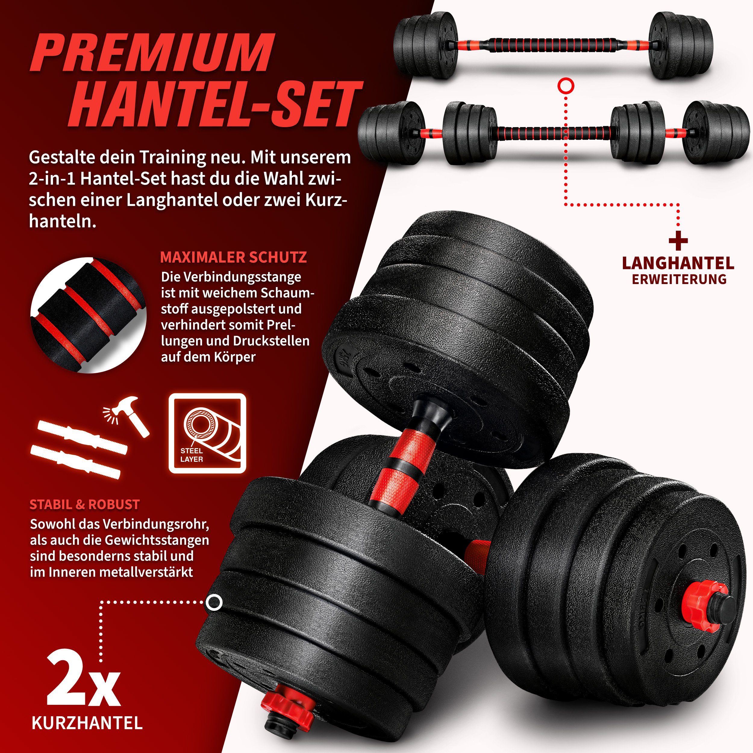 RE:SPORT Hantel-Set Hantelset verstellbar, Kurzhantel & Langhantel, Sternverschlüsse & Verbindungsrohr