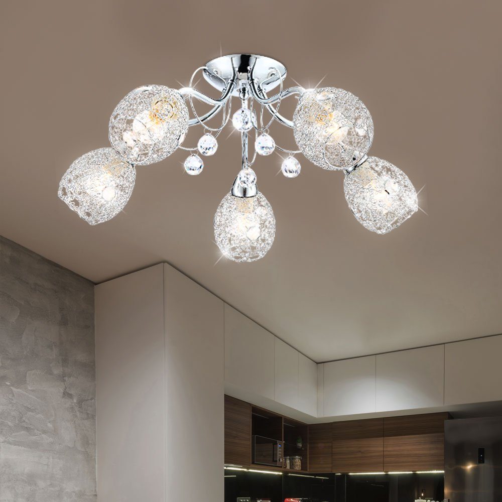 etc-shop LED Kugelleuchte, Leuchtmittel nicht inklusive, Deckenleuchte Kristall Deckenlampe Beleuchtung Chromgeflecht Licht