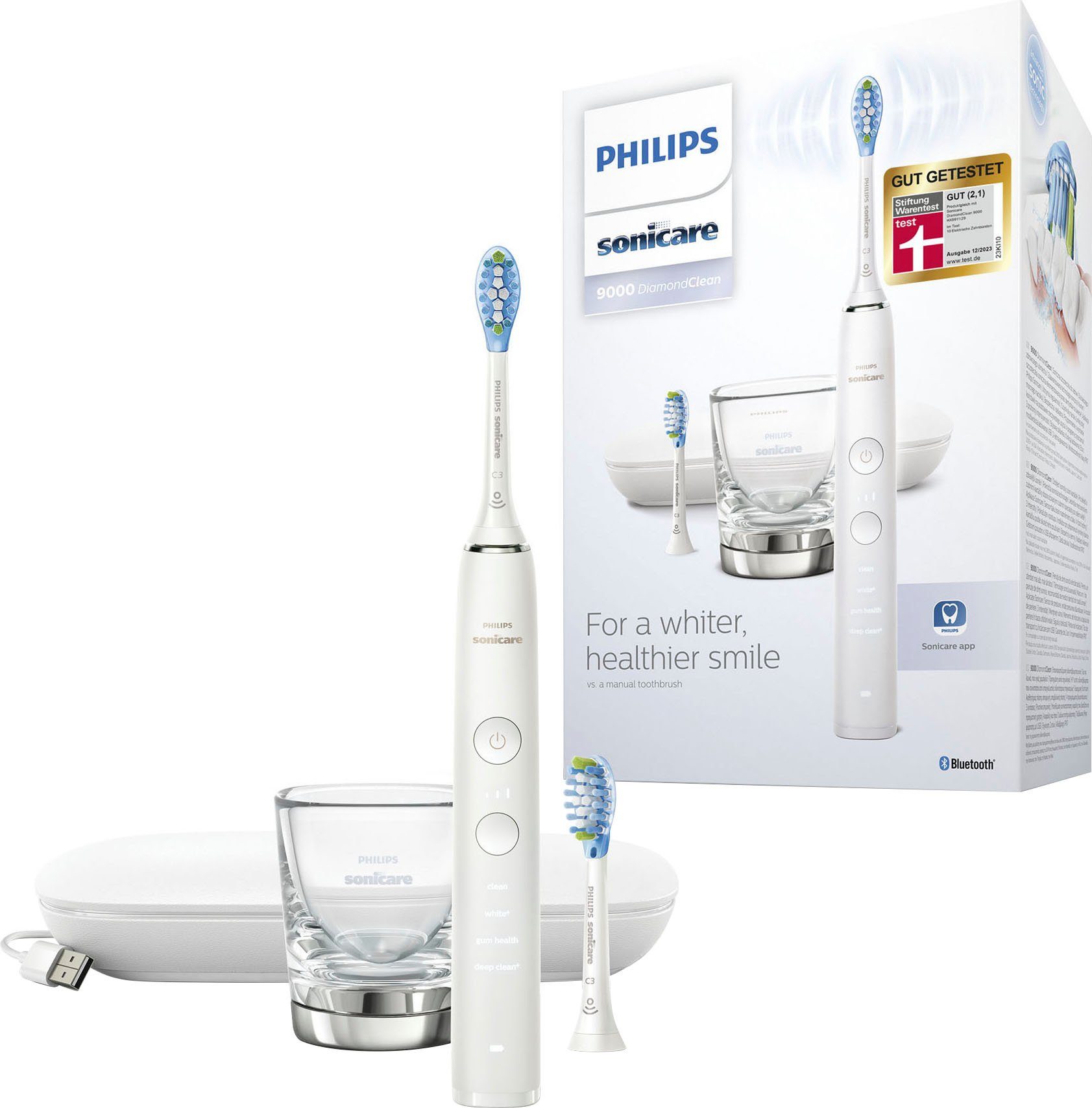 Philips Sonicare Elektrische Zahnbürste DiamondClean 9000 HX9913/17, Aufsteckbürsten: 2 St., mit integriertem Drücksensor, 4 Putzprogramme und 3 Intensitätsstufen