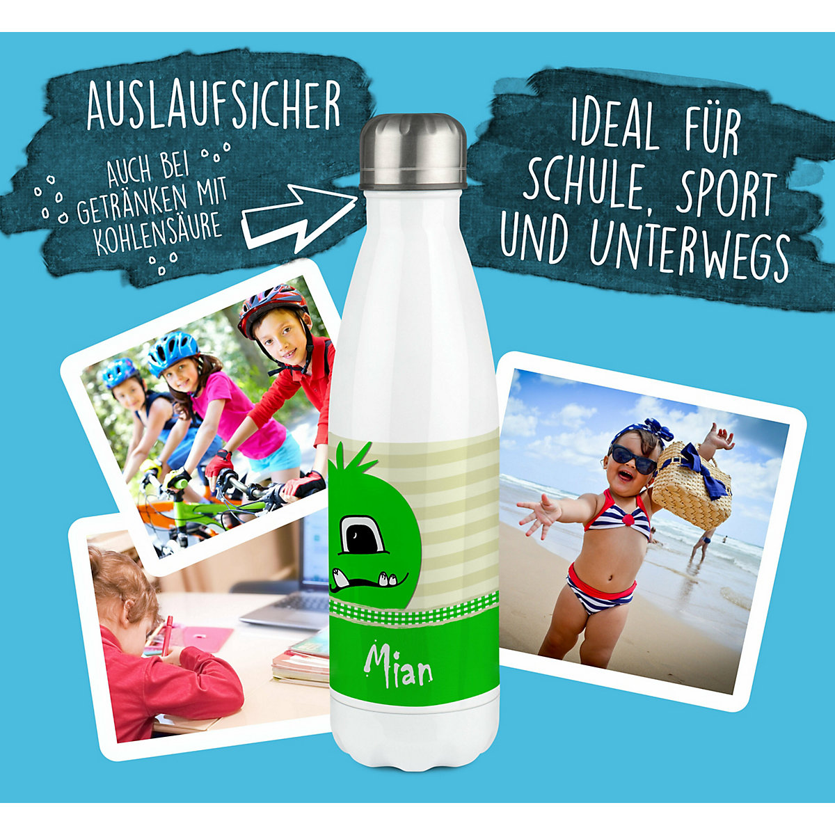 Edelstahl Kinder Thermoflasche / Trinkflasche bunt Monster Karo Farbe grün Spülmaschinenfest, Auslaufsicher, Bruchfest, Doppelwandig, Für Heißgetränke geeignet, Mit Deckel, Isoliert