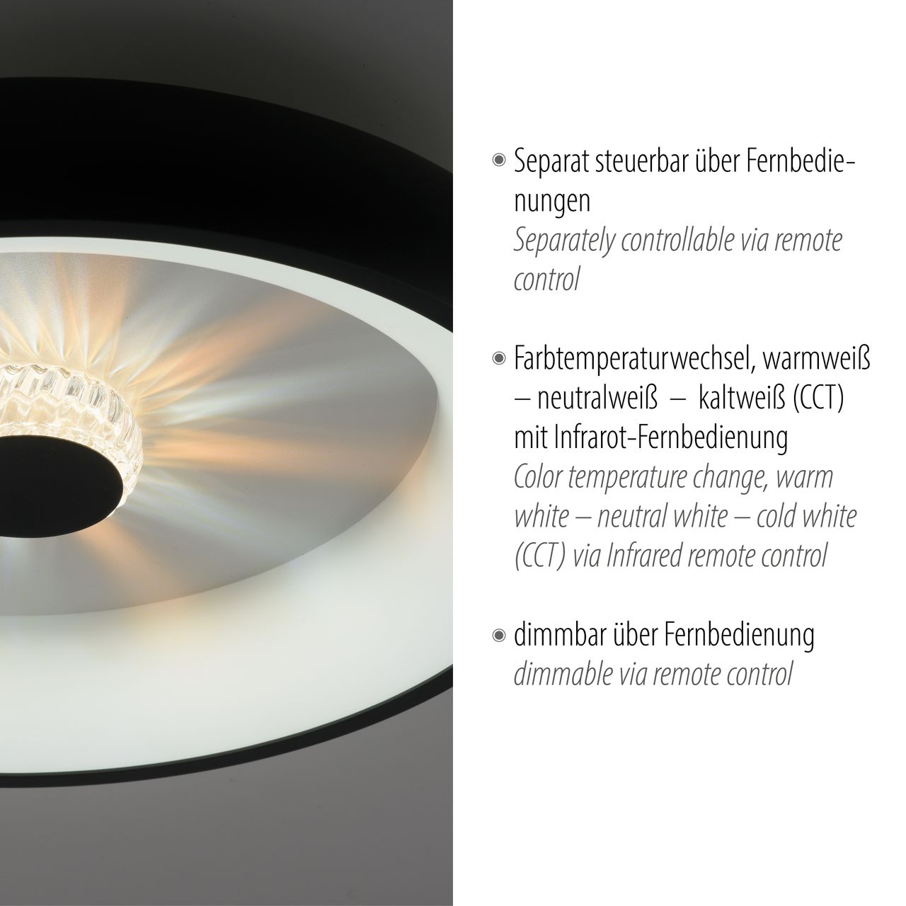 JUST LIGHT LED Deckenleuchte VERTIGO, CCT, dimmbar, Fernbedienung, Ø46,5 cm, Kristall-Effekt