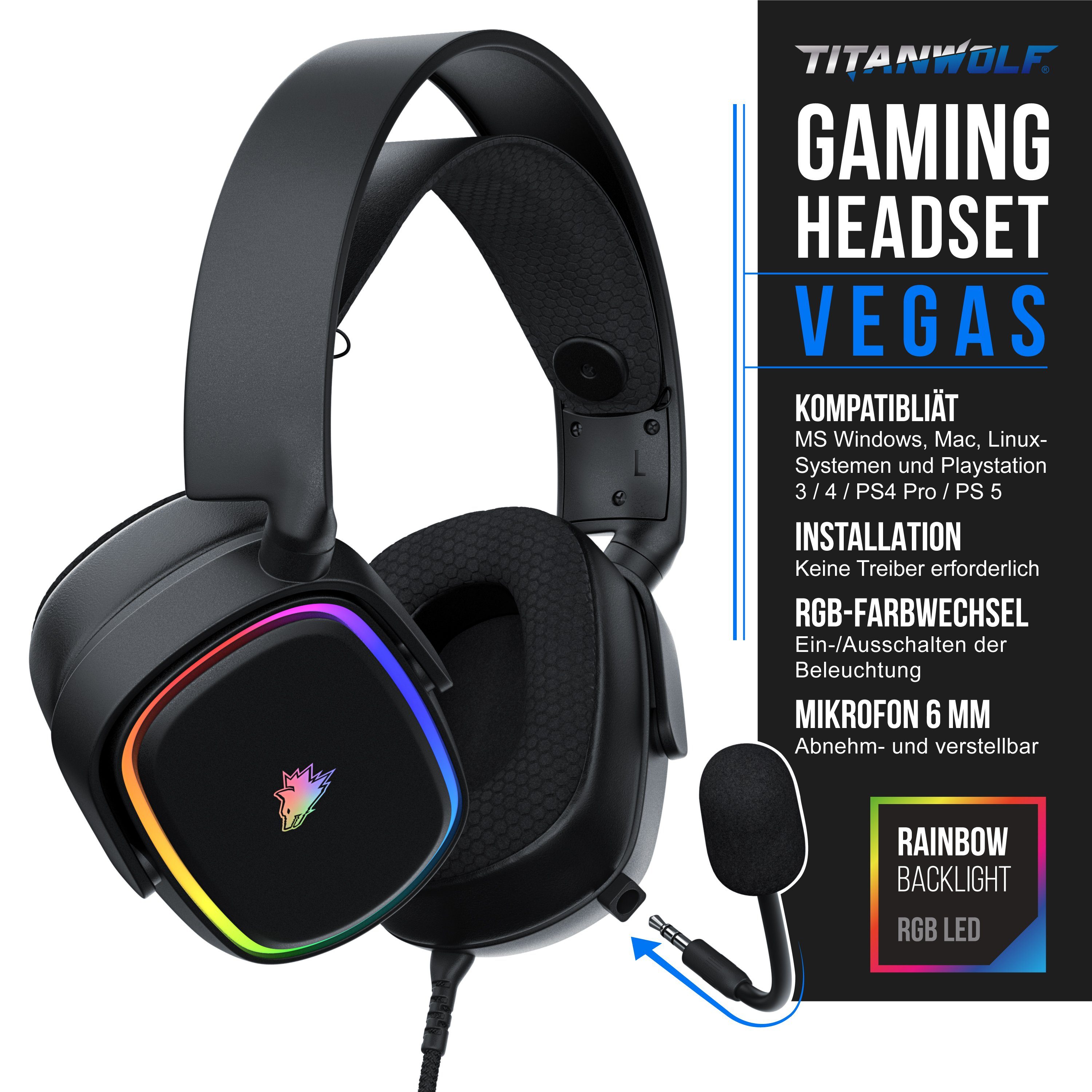 Titanwolf Gaming-Headset (Kabel mit Stoffummantelung; Mikrofon entnehmbar; Kabelfernbedienung mit Lautstärke; RGB Beleuchtung, 7.1 Virtuell Surround Kopfhörer, 1,95 cm Kabel, für PC, PS4 & PS5)