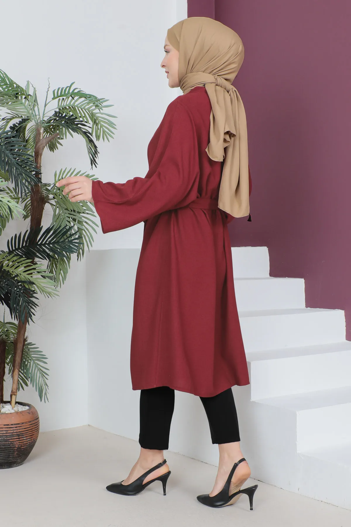 Tesettür Dünyası  Kimono mit Taillengürtel TSD230513 Weinrot