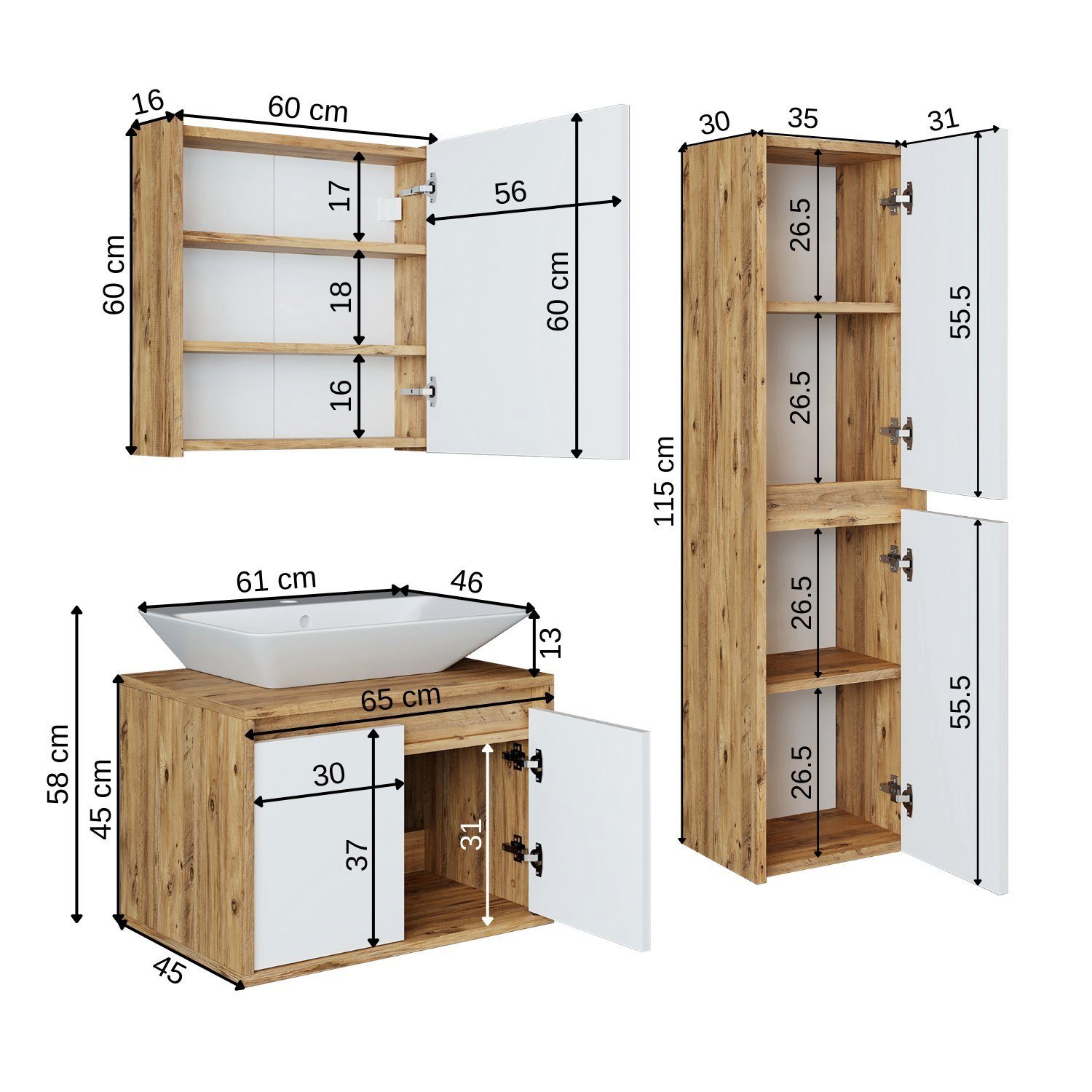 Roomart Badmöbel-Set, (Badmöbel Set 65cm Unterschrank Waschbecken Spiegelscrank Hochschrank)