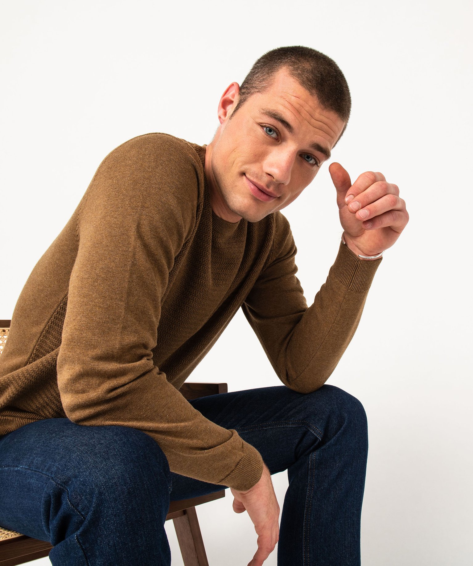 Pull en coton homme avec maille fantaisie sur l’avant beige fonce | GEMO