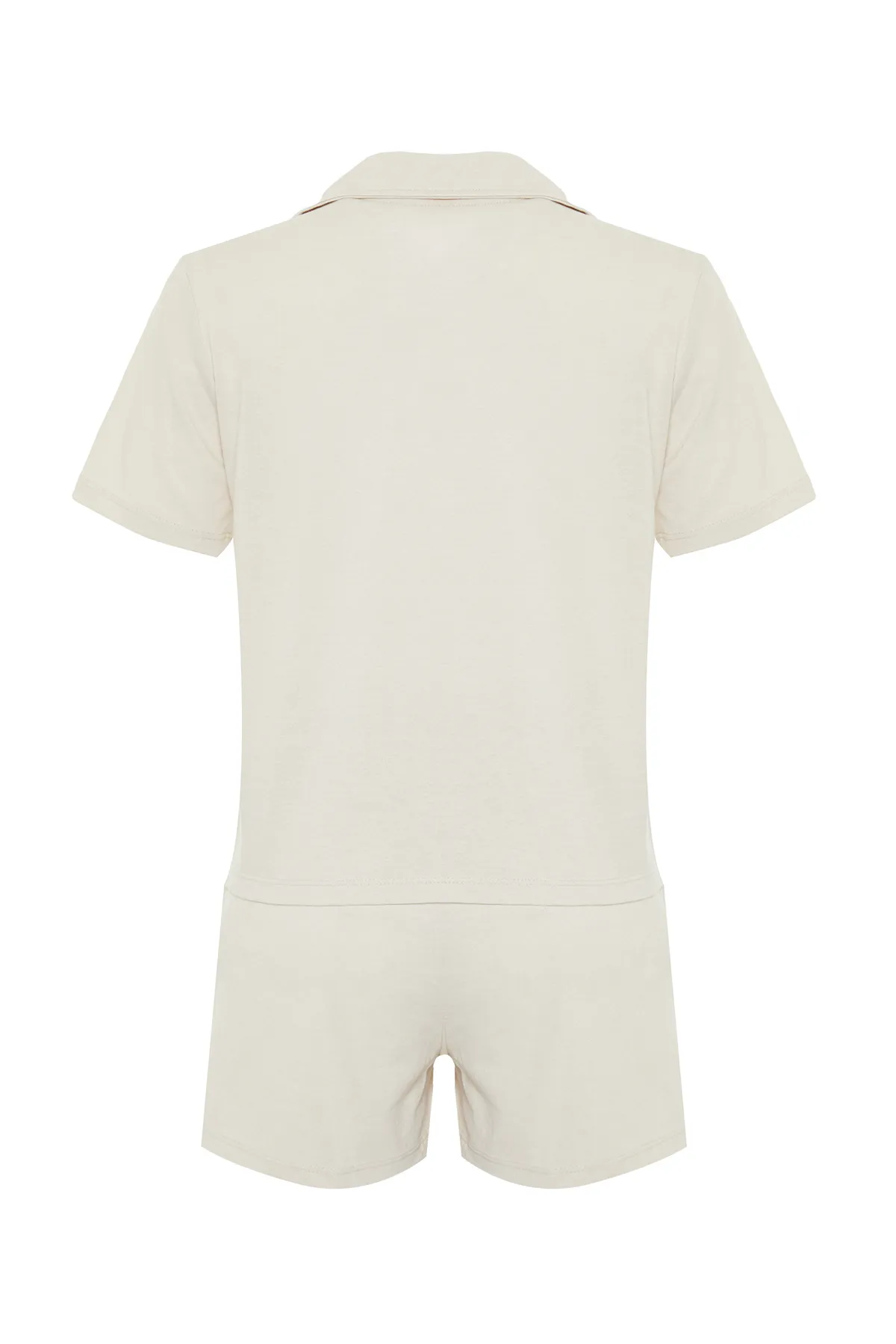 Trendyol Collection  Beiges Pyjama-Set aus Hemd und Shorts aus 100 % Baumwolle mit Teddybär-Stickerei THMSS23PT00012