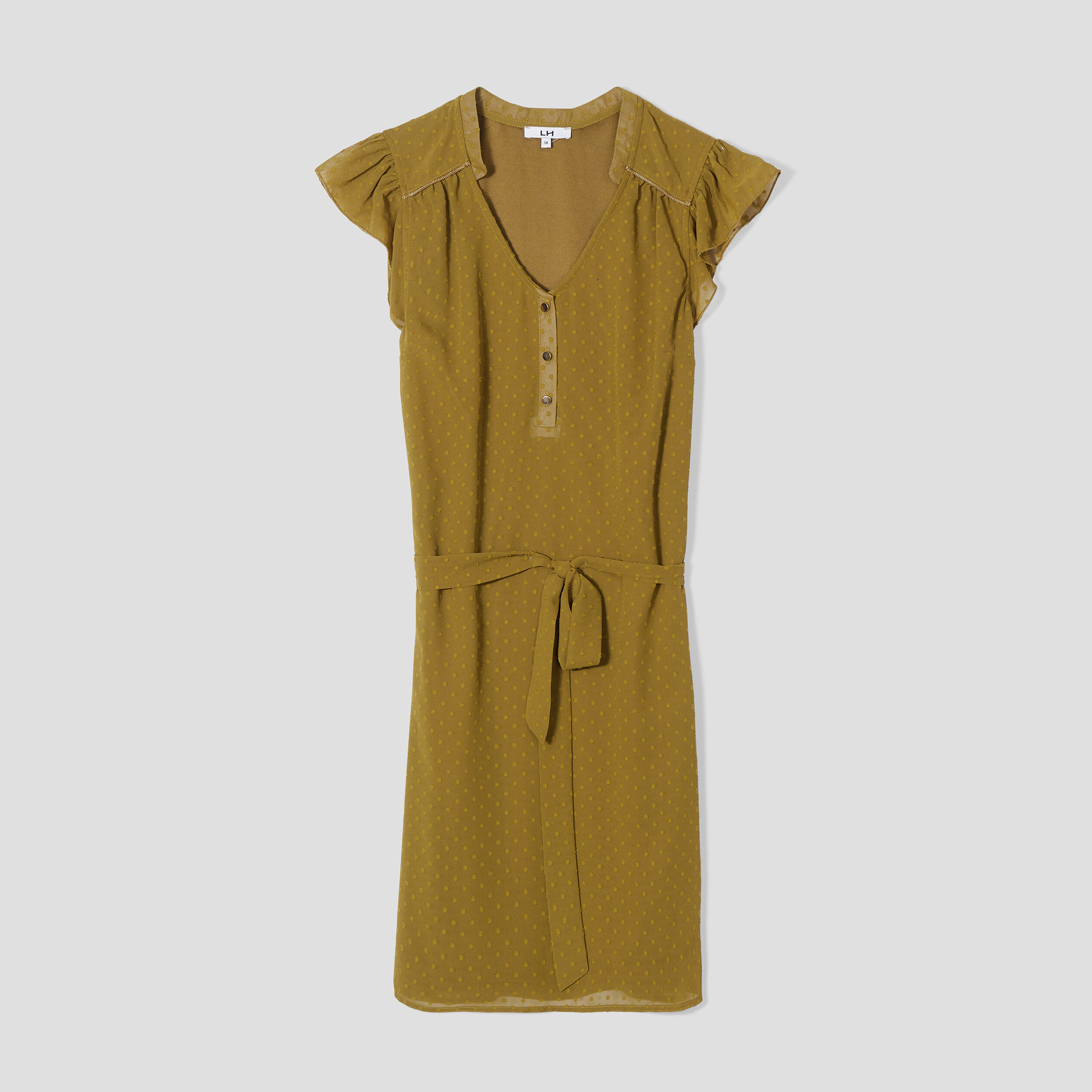Robe plumetis droite ceinturée vert olive femme | La Halle