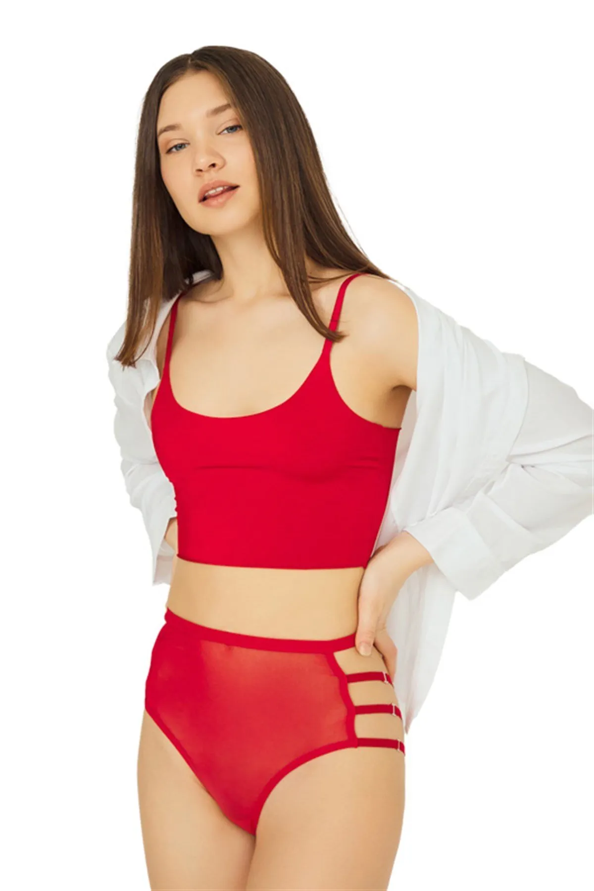Cottonhill  Roter, transparenter, elastischer, detaillierter Bikinihöschen aus Tüll mit hoher Taille