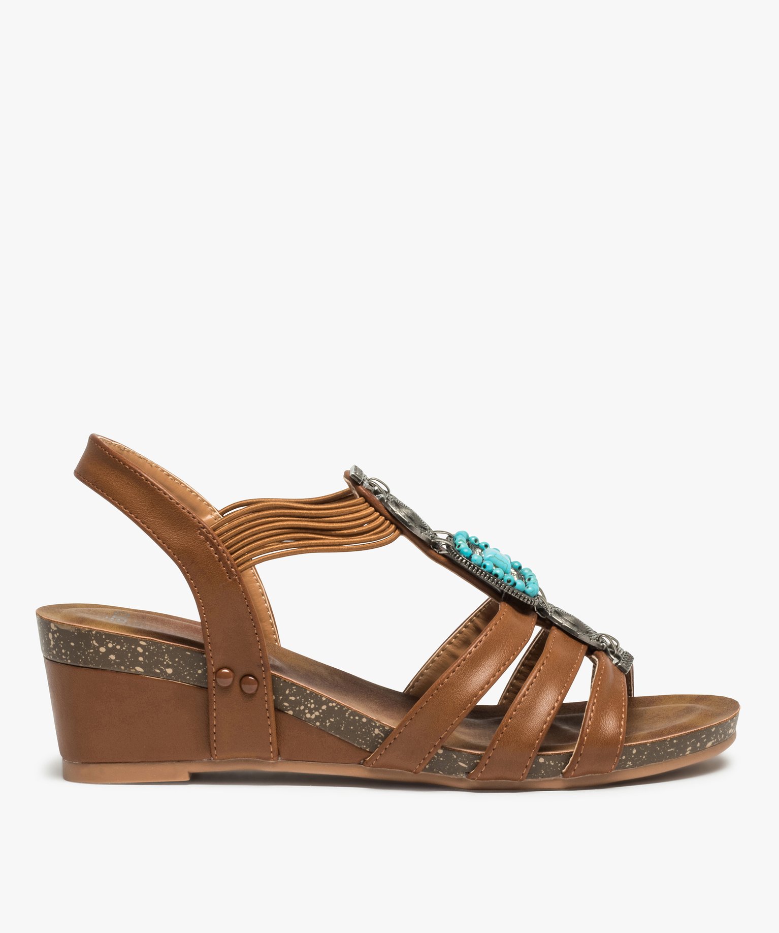 Sandales femme à talon dessus uni orné de perles et métal camel | GEMO