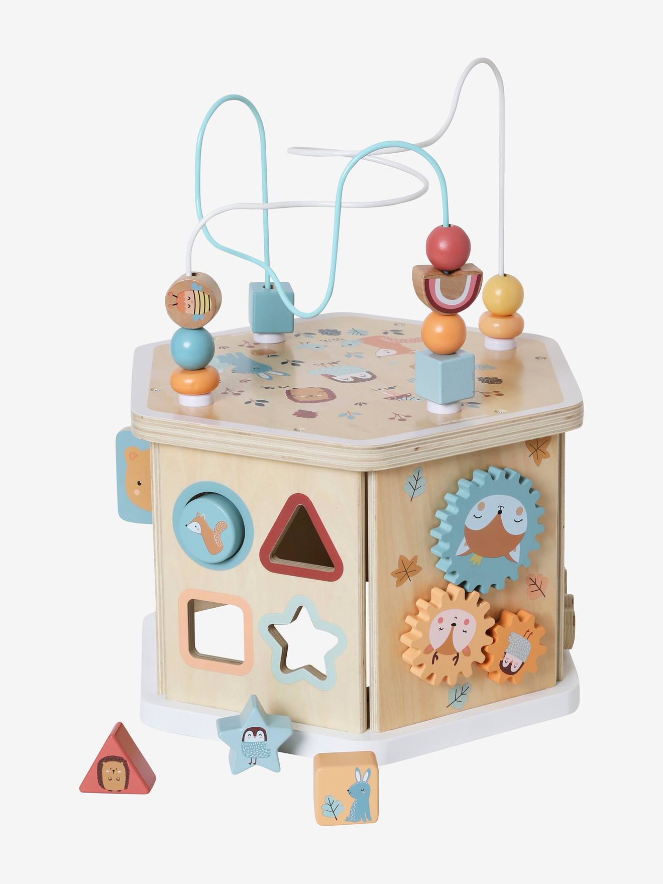 Grand cube d'activités hexagonal Les amis de la forêt en bois FSC® beige