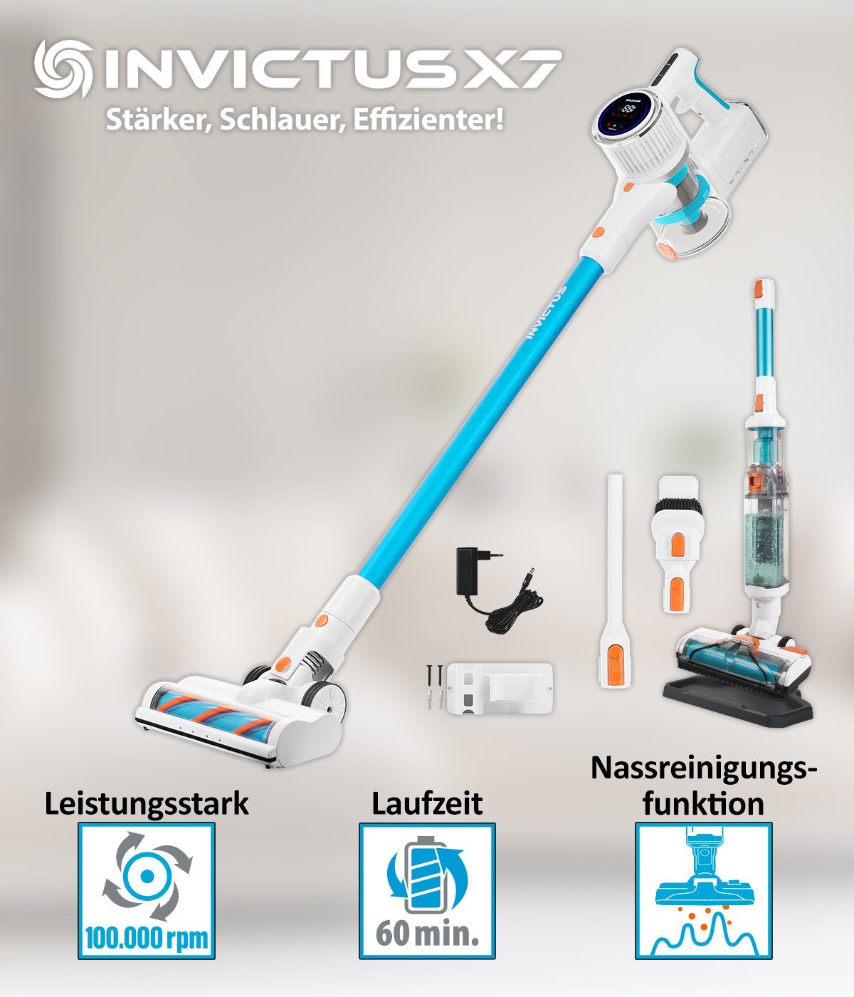 Genius Nass-Trocken-Akkusauger INVICTUS X7 Facelift Akkustaubsauger Set 20-tlg. Nass-Trockensauger, beutellos, Kombi-Bürste Reinigungs-Aufbewahrungsstation bis 60 Min Laufzeit