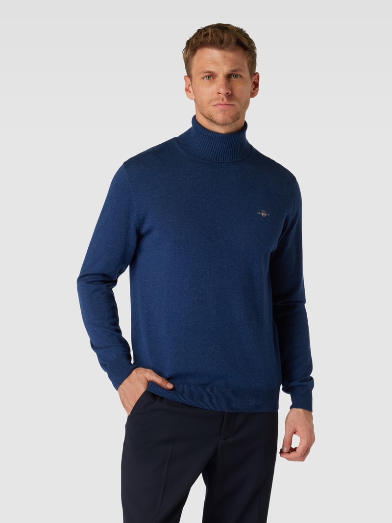 Rollkragenpullover mit Label-Stitching aus Baumwoll-Woll-Mix in marineblau meliert