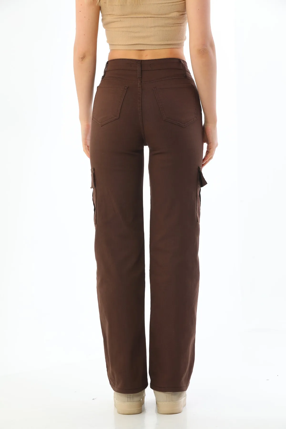 BİKELİFE  Braune Cargo-Hose aus Lycra mit hoher Taille und weitem Bein und Tasche