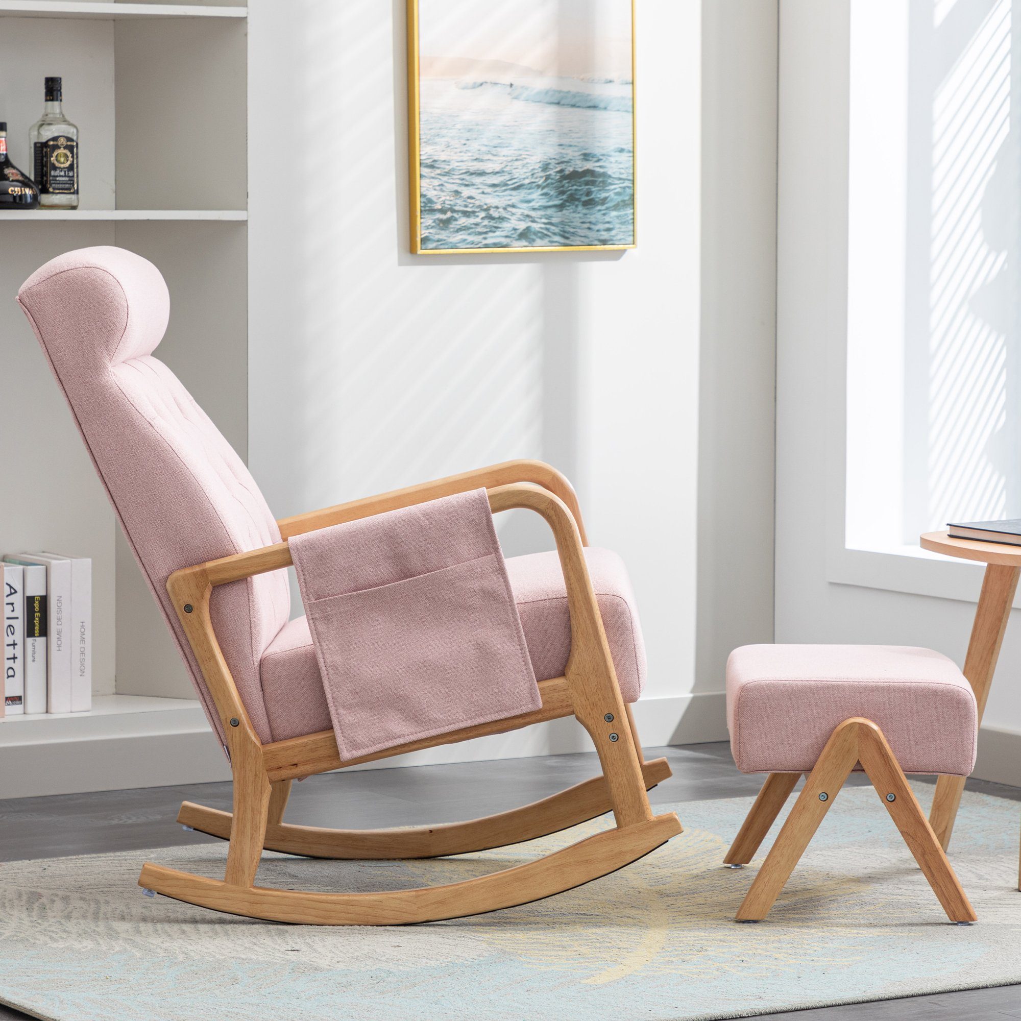 Celya Schaukelstuhl Wohnzimmer Bequemer Schaukelstuhl mit Ottomane, Hohe Rückenlehne Akzent Gleiter Schaukelstuhl, Leinen, Rosa