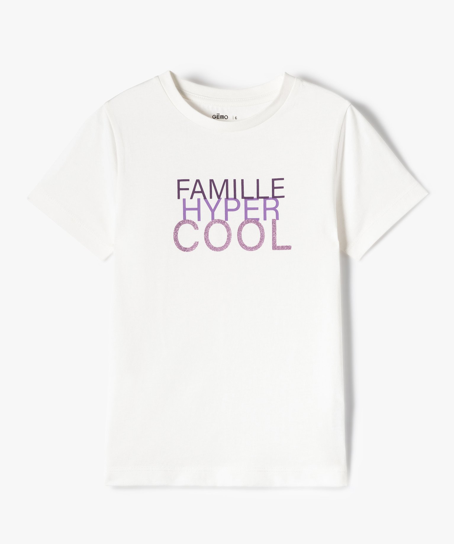 Tee-shirt fille à manches courtes avec inscription pailletée ecru | GEMO