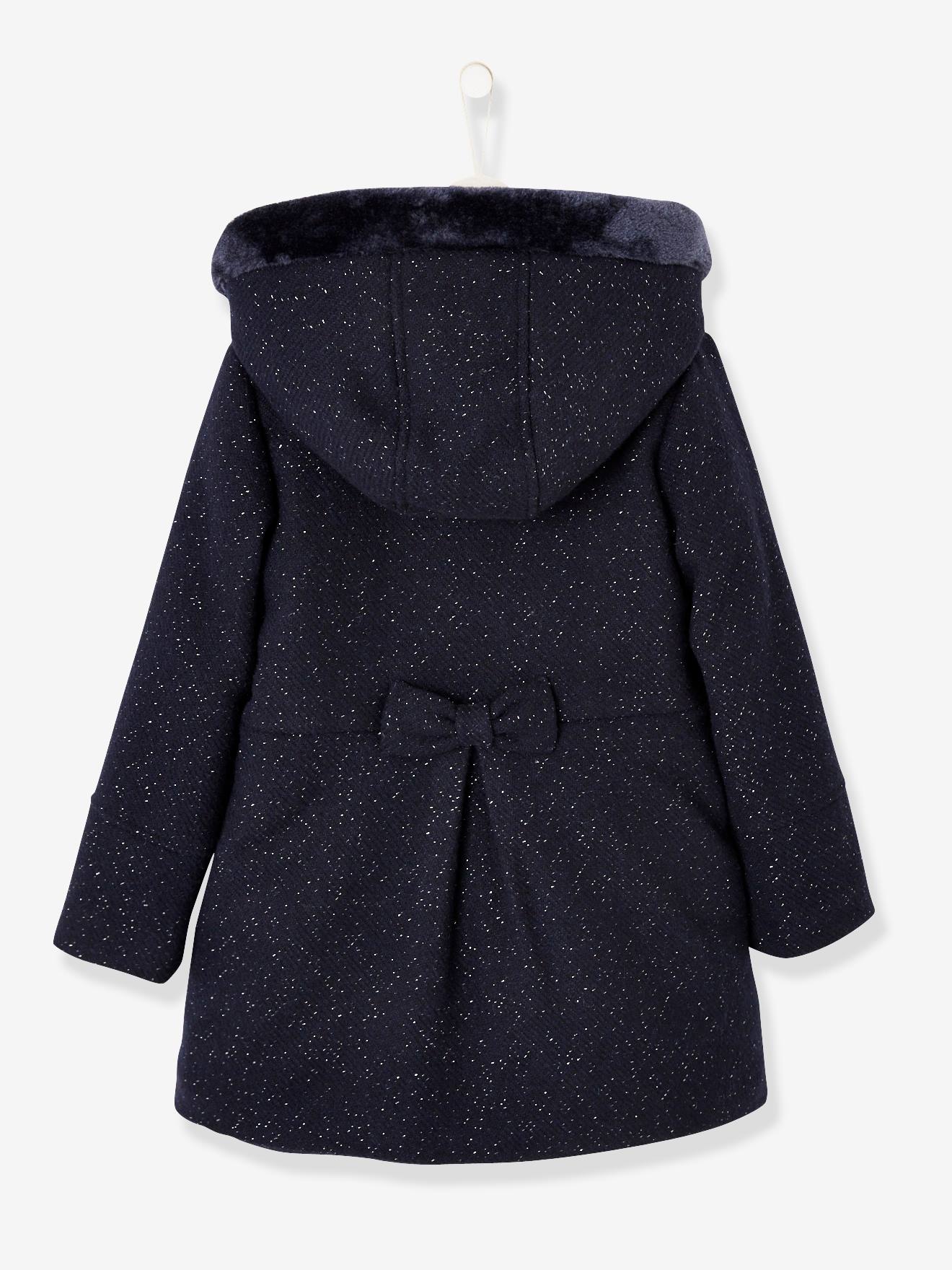 Manteau à capuche en drap de laine fille marine grisé