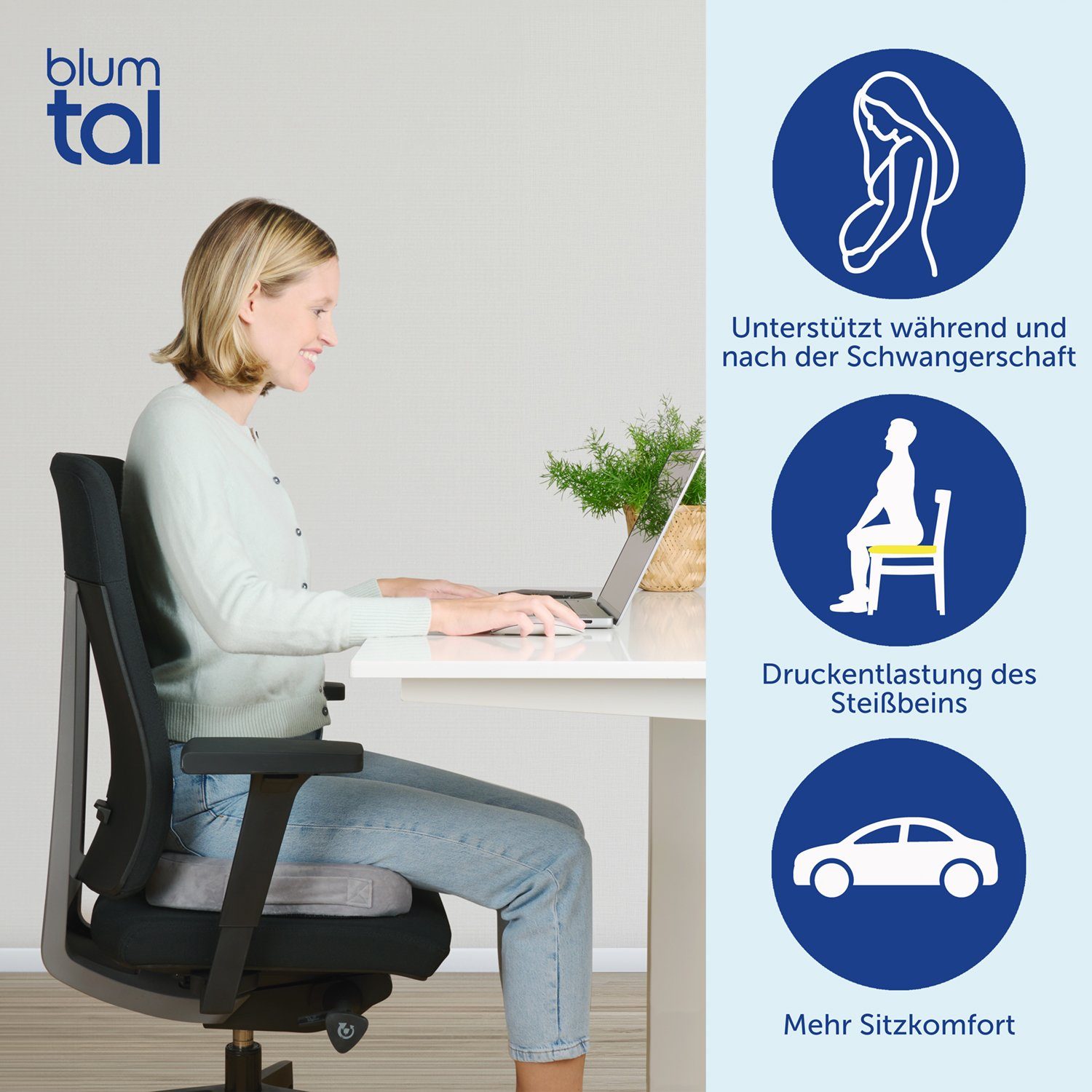 Blumtal Sitzkissen Orthopädisches Sitzkissen, Keilkissen mit 3 Härtegraden, Keilkissen mit 3 Härtegraden - Ergonomisches Sitzkissen für Bürostuhl
