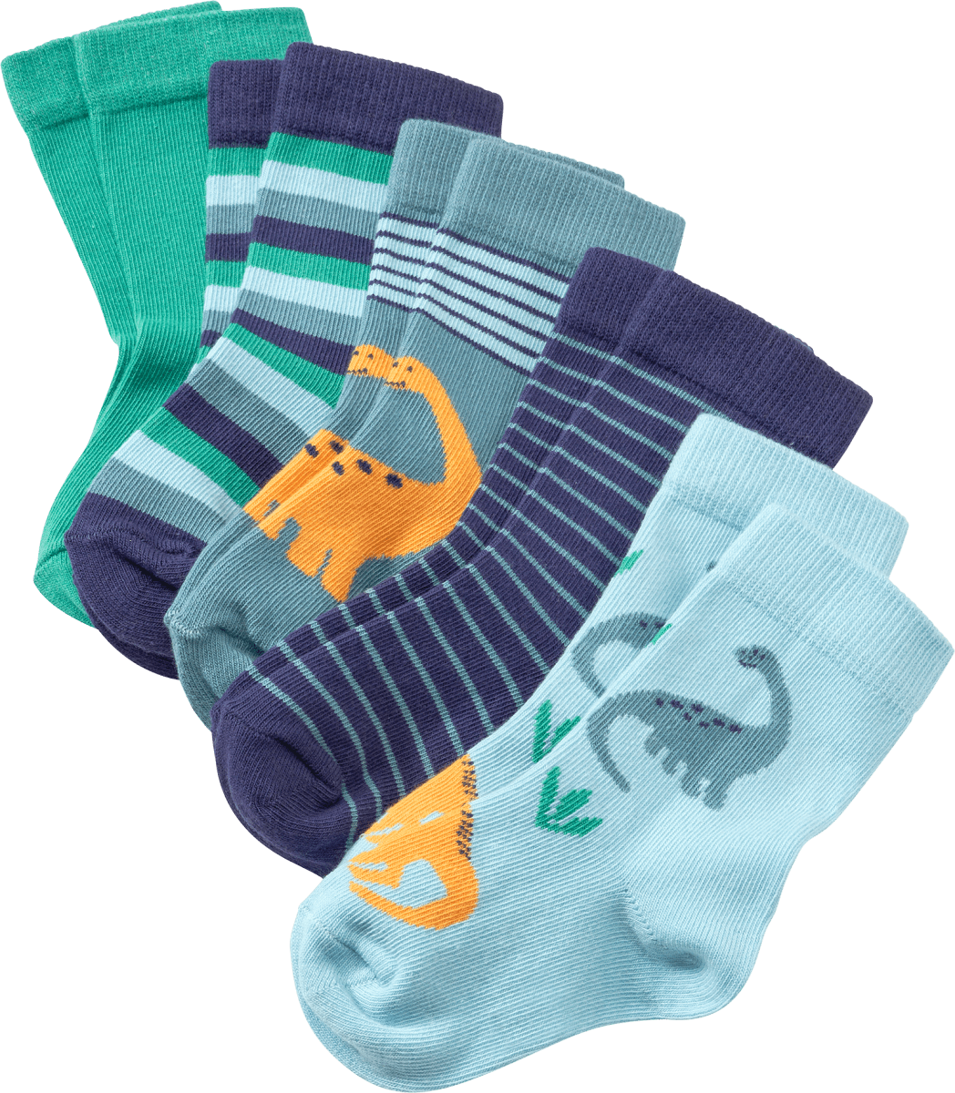 Socken mit Ringeln & Dino-Motiven, blau + grün, Gr. 27/31, 5 St