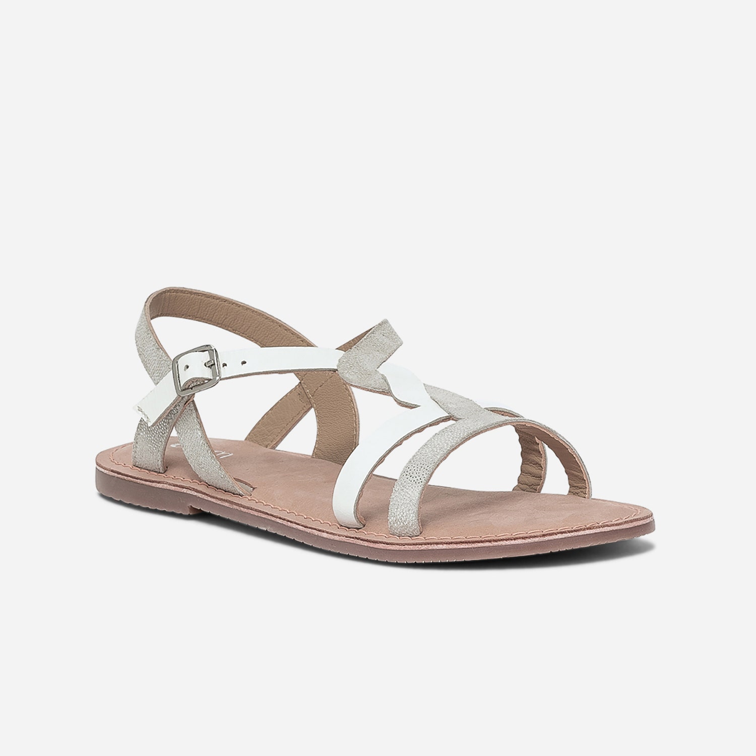Sandale blanche en cuir lisse et imprimé
