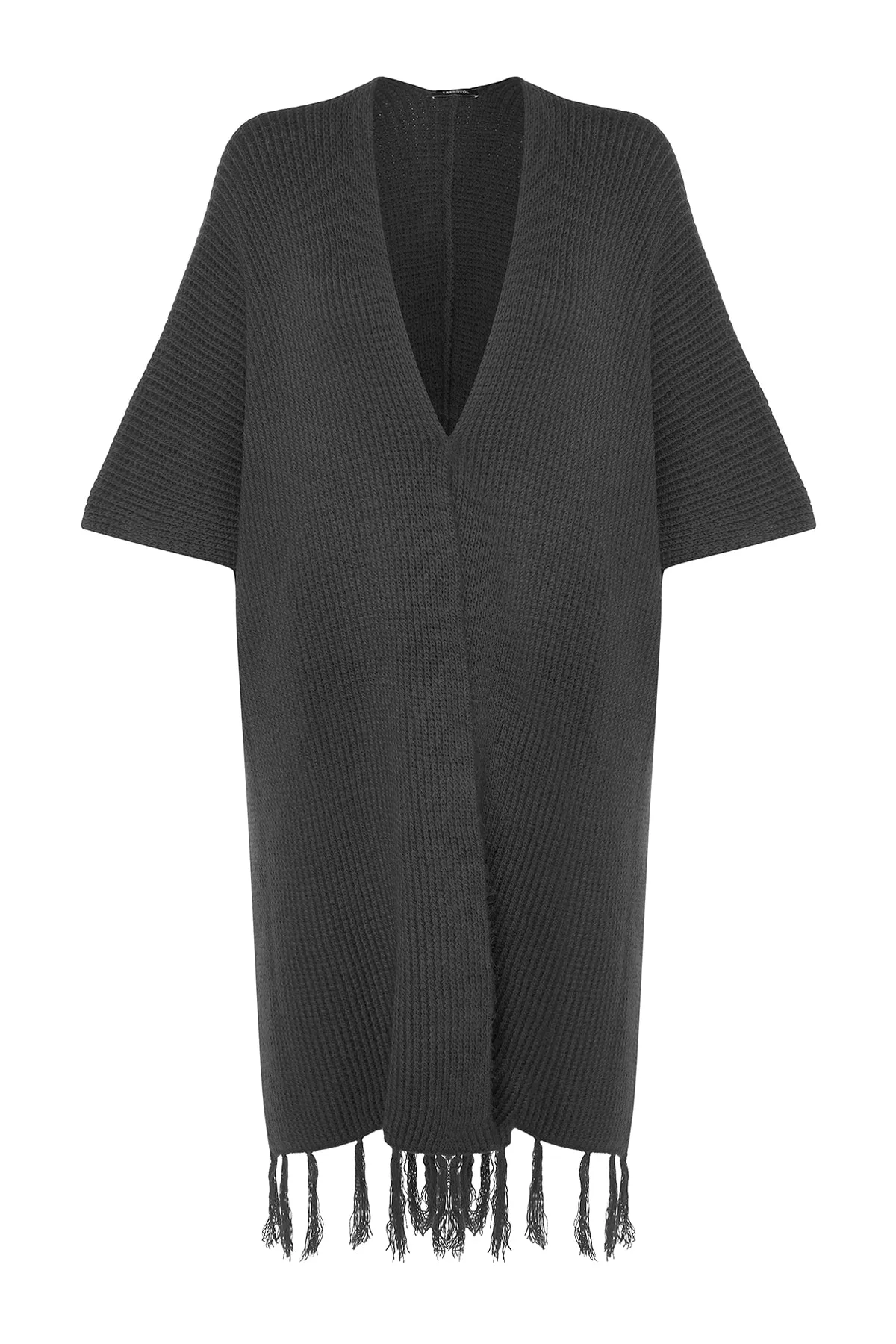 Trendyol Modest  Anthrazitfarbener langer Strickcardigan mit Quasten am Saum TCTAW23TH00008