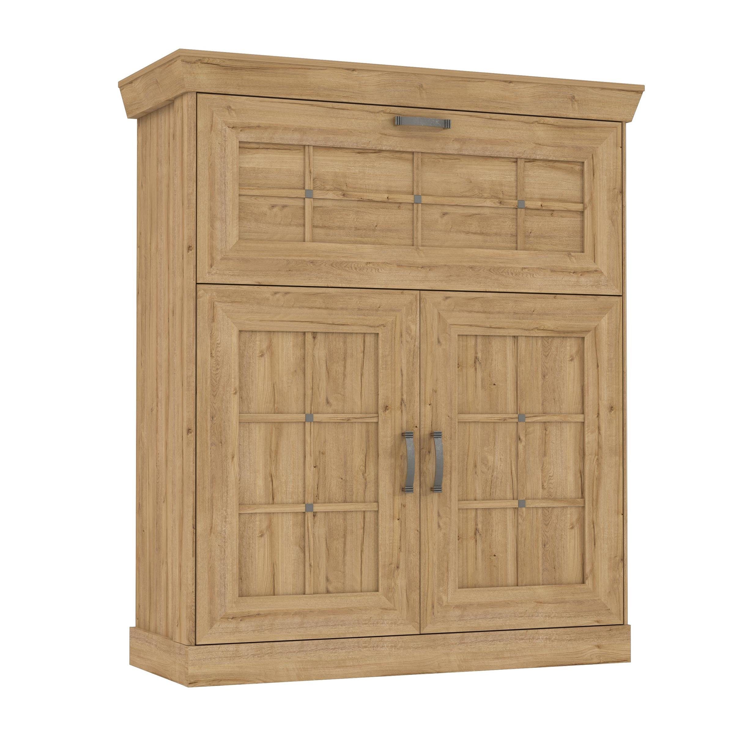 möbelando Barschrank Kalamaria Barschrank im modernen Landhausstil aus Spanplatte in Waterford Eiche Nachbildung mit 2 Holztüren, 1 Klappe und 2 Einlegeböden. Breite 119,6 cm, Höhe 141,1 cm, Tiefe 47 cm