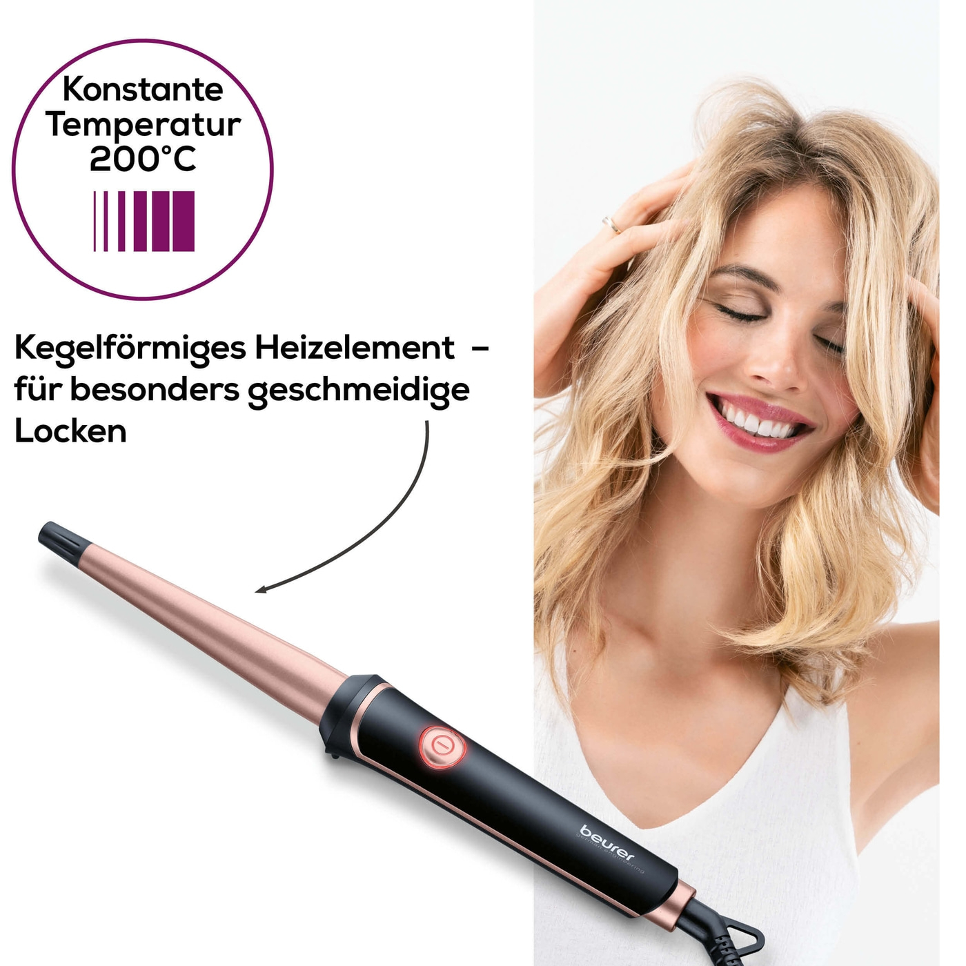 Beurer Lockenstab HT 53-Kegelförmiger Lockenstab mit schützender Keramik-Keratin Beschichtung
