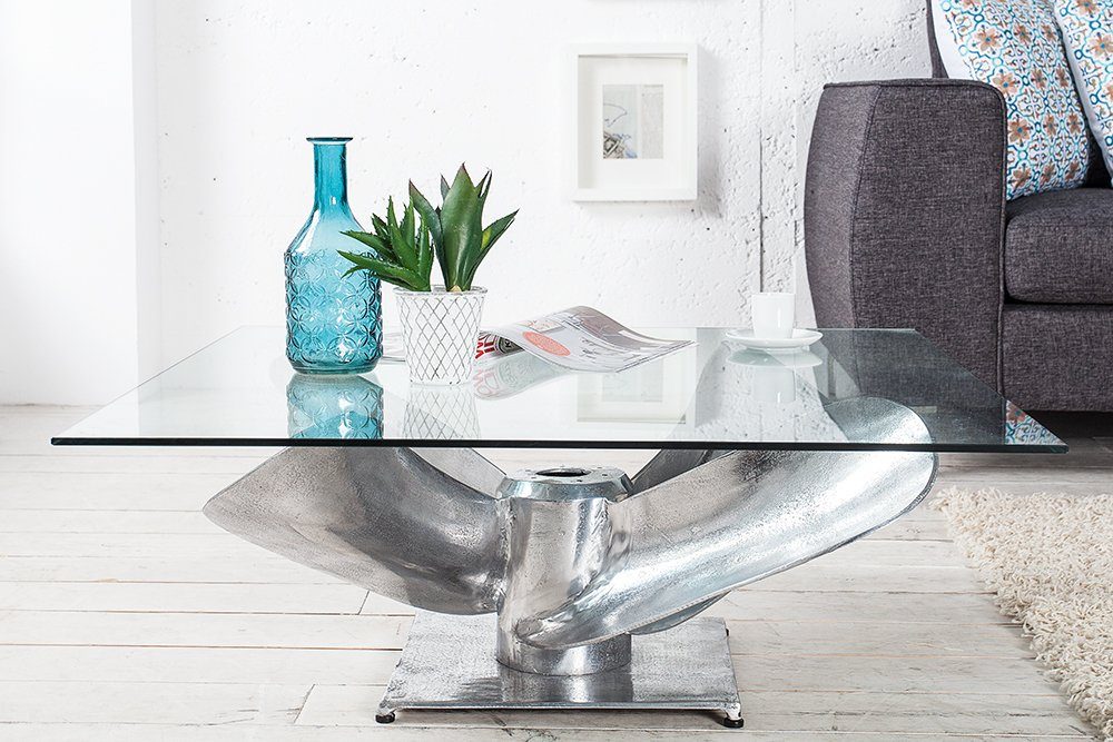 riess-ambiente Couchtisch OCEAN L 85cm silber antik, Wohnzimmer · Glasplatte · eckig · Maritim · Schiffsschraube · Metall