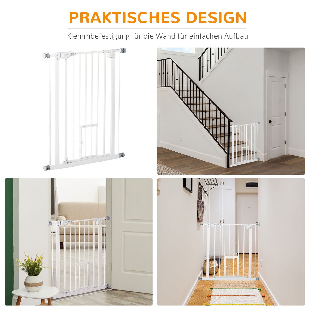 PawHut Hunde Türschutzgitter, 74-80 cm Baby Türgitter ohne Bohren, Stahl, Weiß