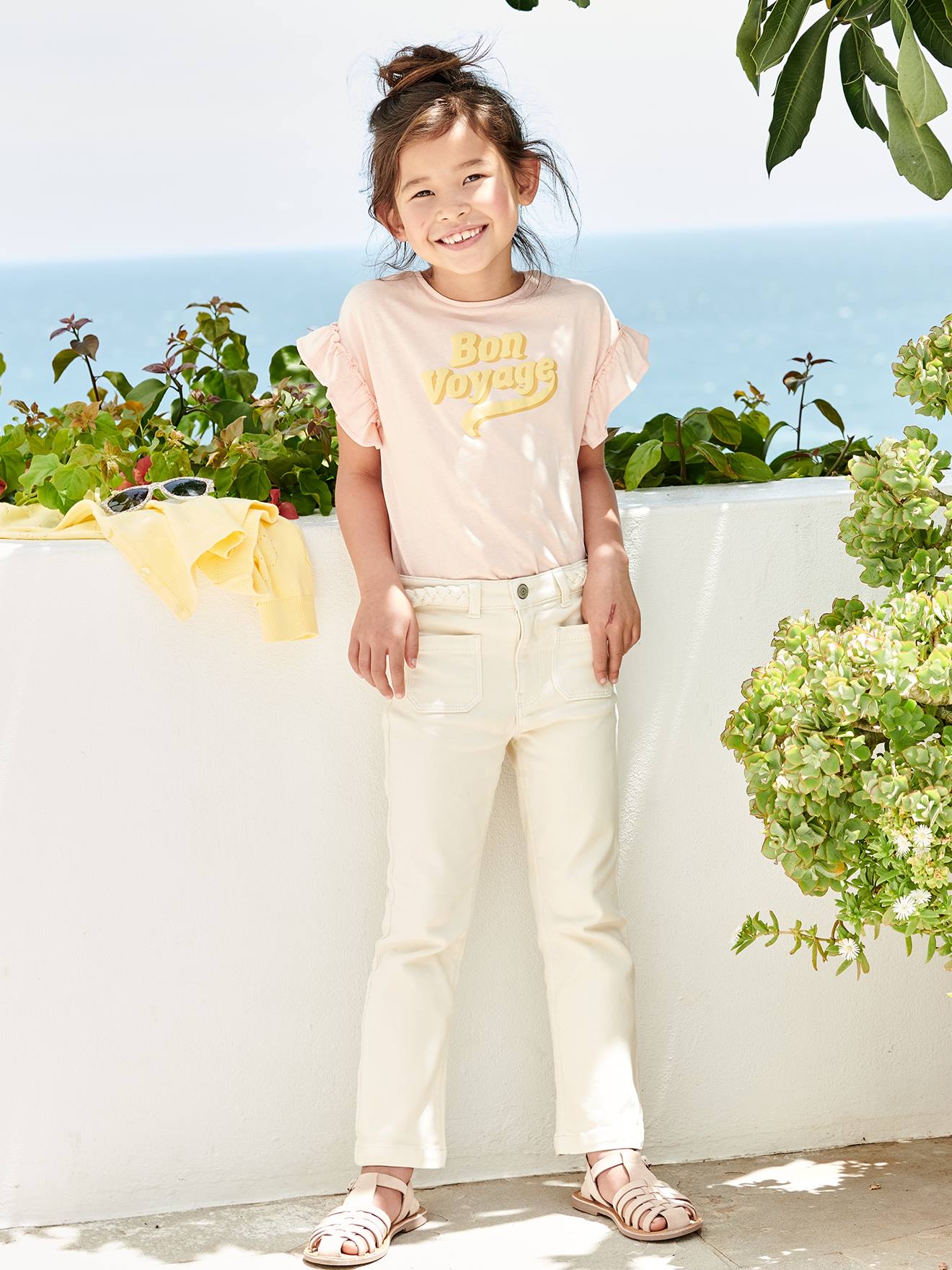 Pantalon flare fille ceinture tressée fantaisie écru