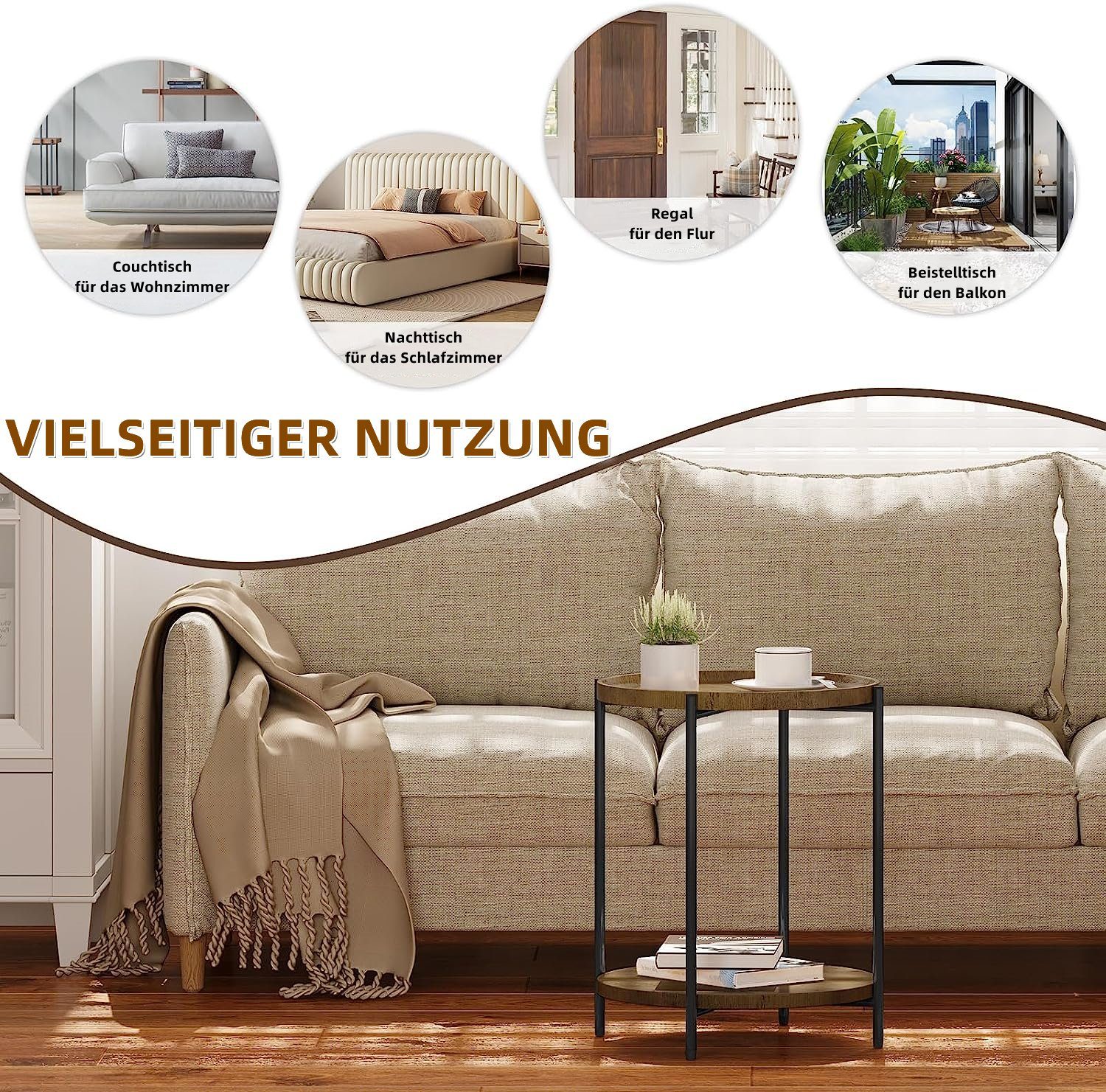 Woltu Beistelltisch (1-St), mit 2 Ablagen Abnehmbarer Tischplatte aus MDF
