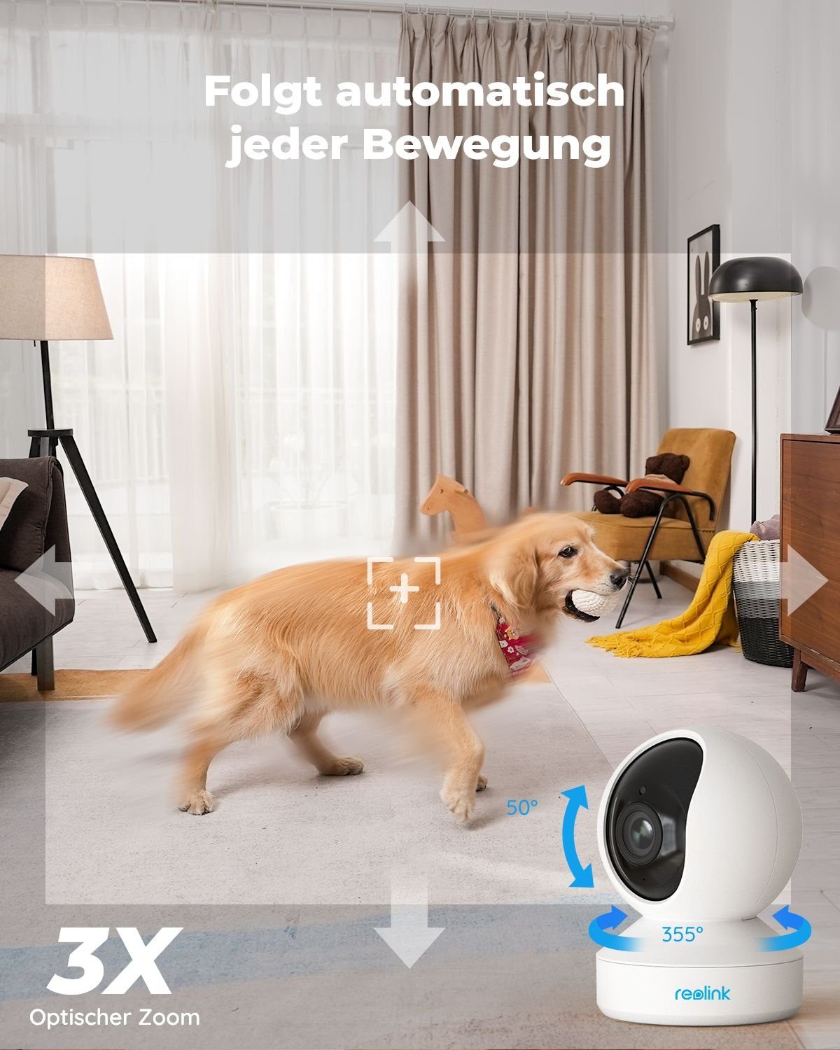 Reolink E1-Zoom 5MP PTZ WLAN IP Überwachungskamera (Innenbereich, 3X Optischem Zoom, 2,4/5,0 GHz WiFi, 12m IR-Nachtsicht, 2-Wege-Audio)