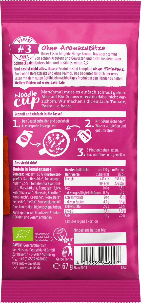 Fertiggericht, Noodle Cup mit Tomatensauce, No.7, 67 g