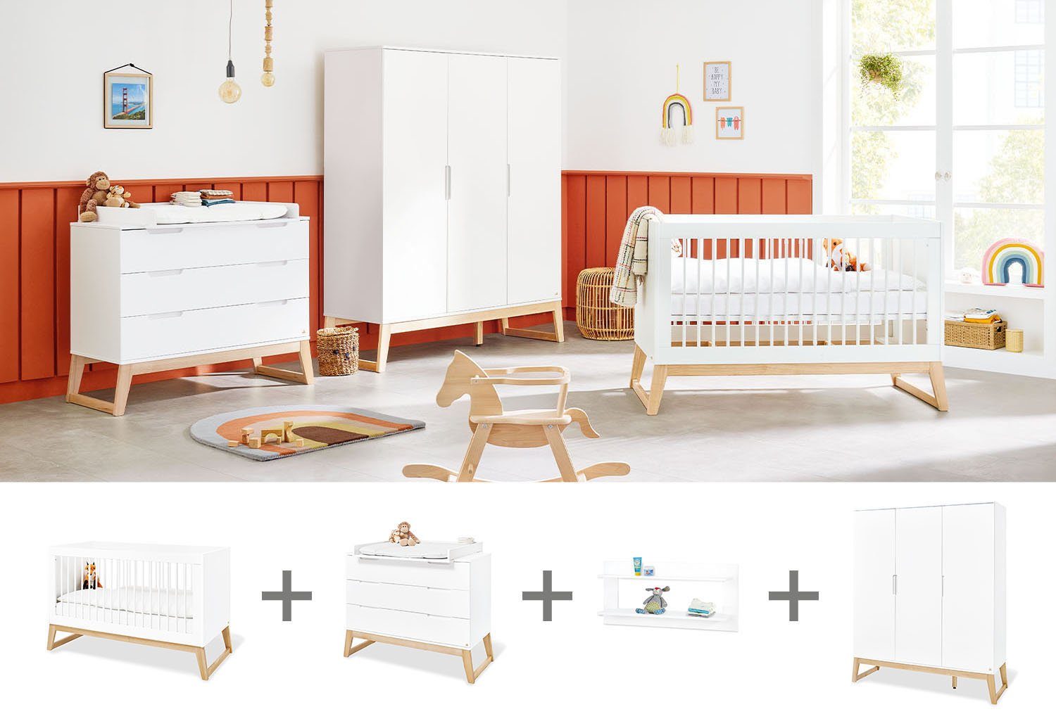Pinolino® Babyzimmer-Komplettset Bridge, (Set, 4-St., Kinderbett, Schrank, Wickelkommode, Wandregal), breit, groß; mit Kinderbett, Schrank, Wickelkommode und Wandregal;
