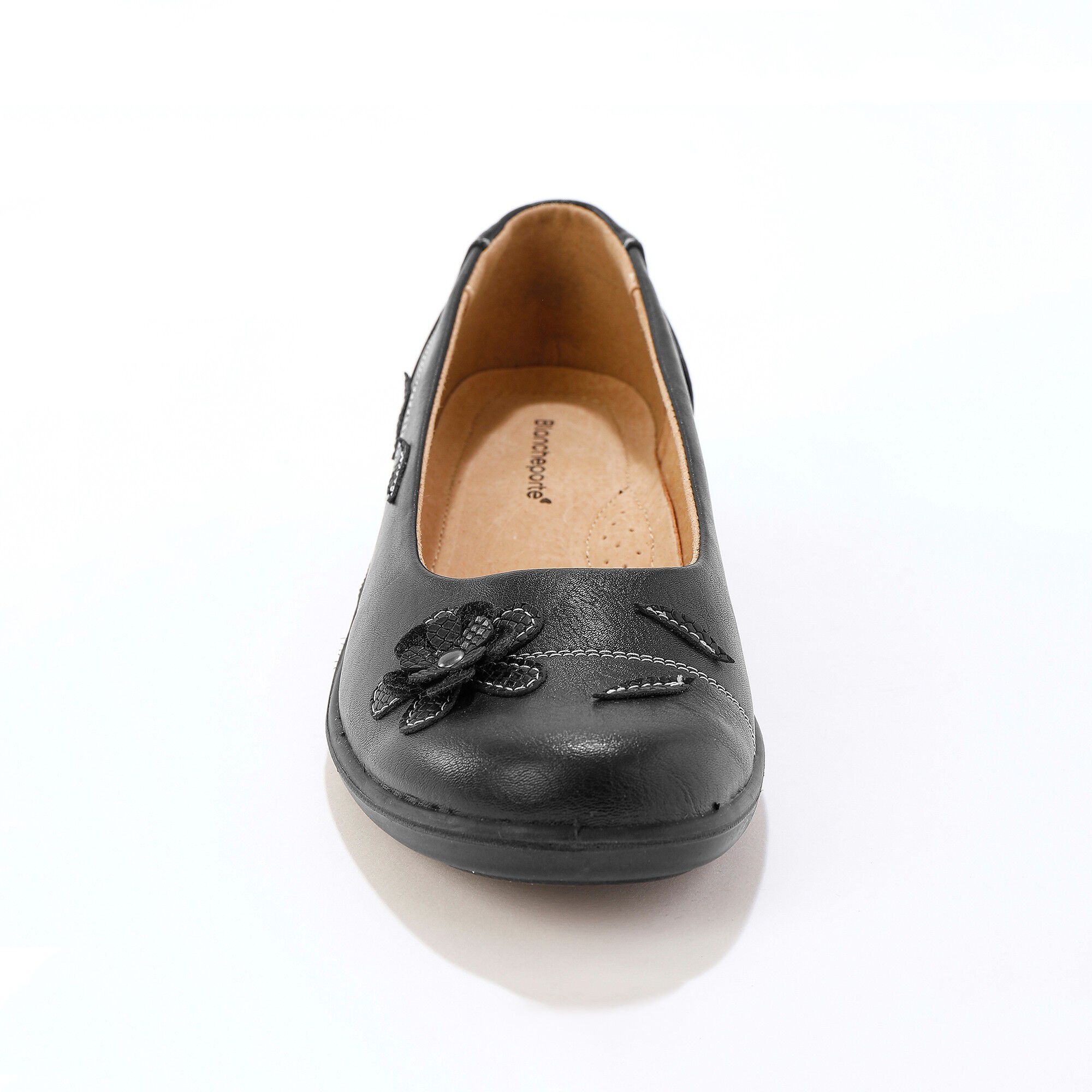 Ballerines en cuir à fleur appliquée largeur confort