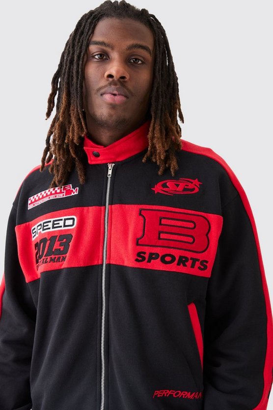 Kastige Oversize Jersey-Jacke mit Moto-Stickerei