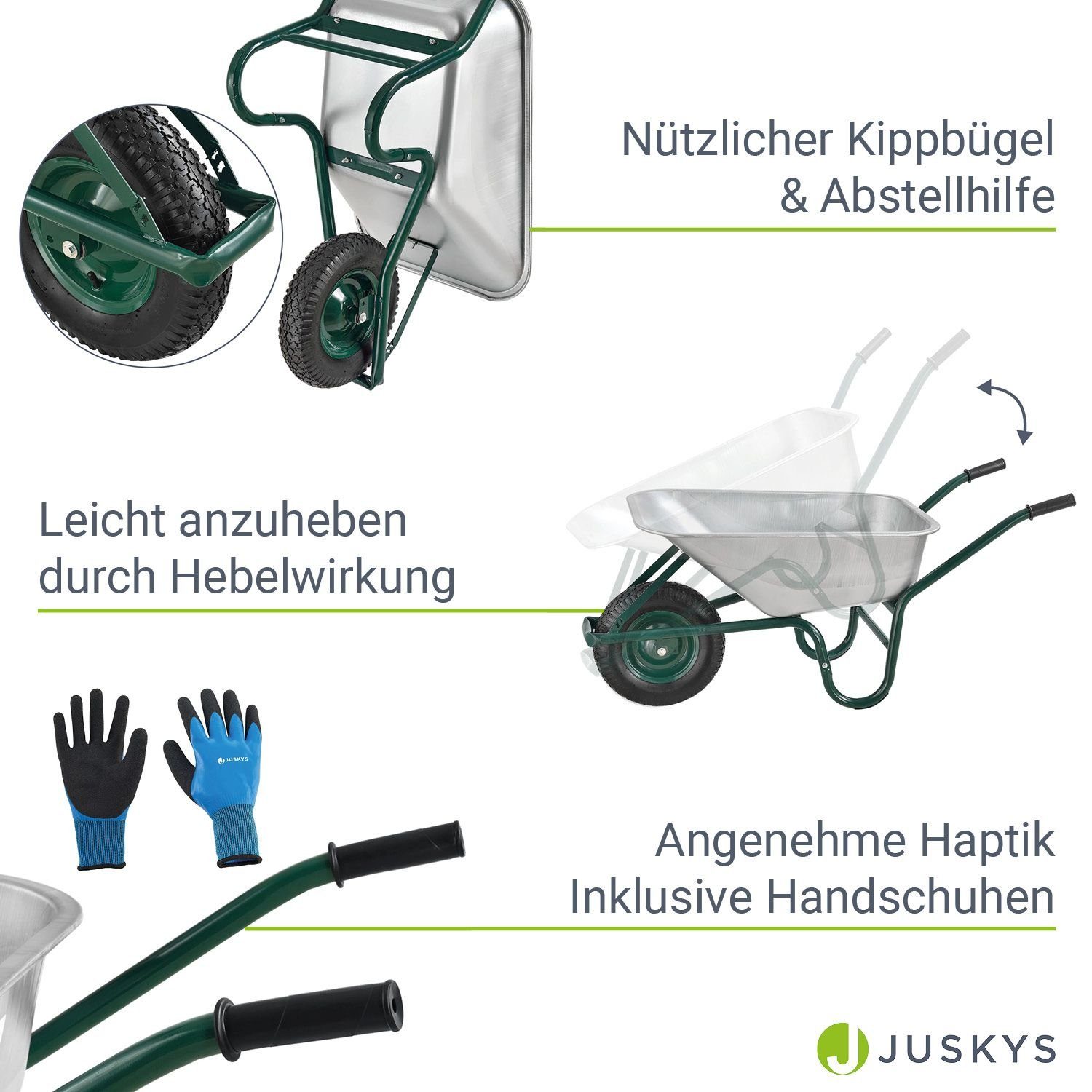Juskys Schubkarre Garden, 100L, bis 210 kg, Luftreifen, verzinkte Wanne, inkl. Handschuhe