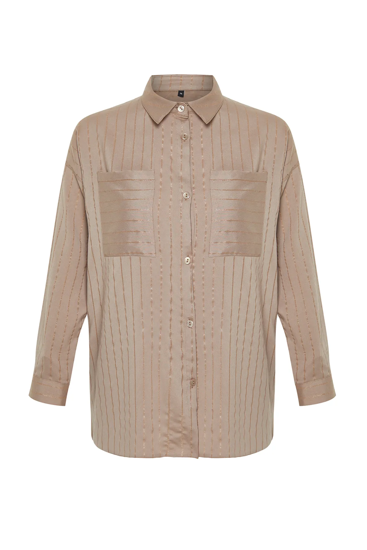 Trendyol Modest  Beige gestreiftes, gewebtes Hemd mit Glitzer TCTSS24TG00049