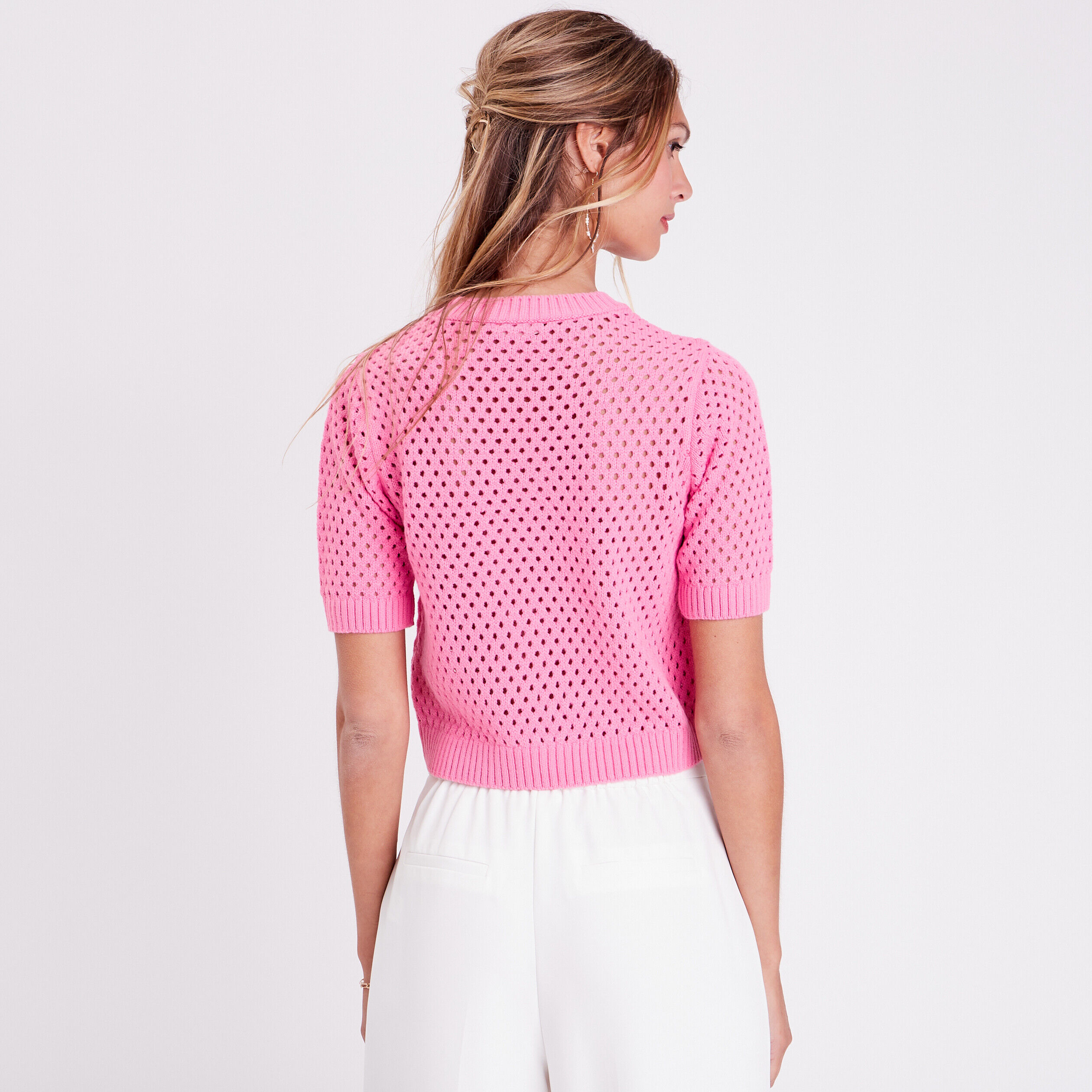 Pull manches courtes ajouré rose femme | Cache Cache