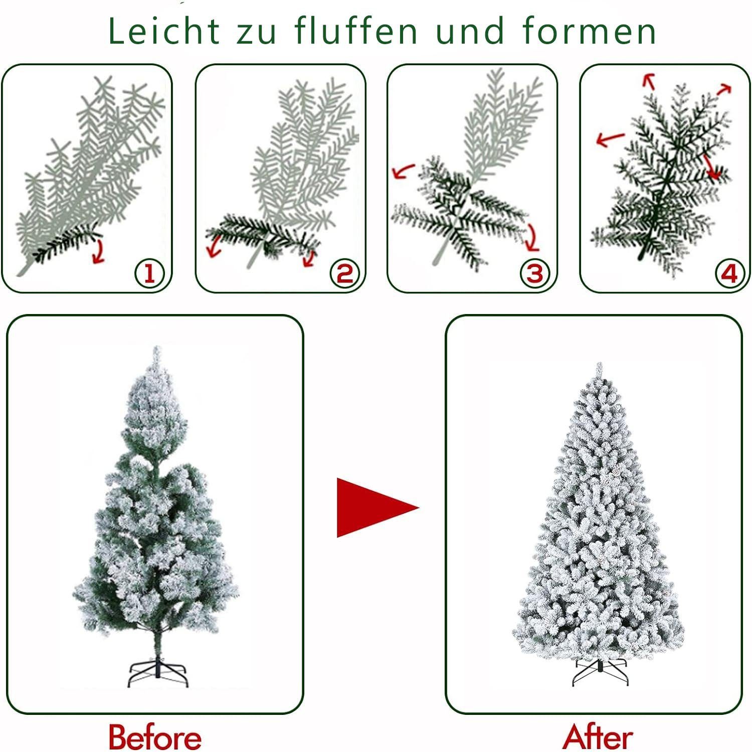 Sinaopus Künstlicher Weihnachtsbaum BW01 Tannenbaum mit beleuchtung, LED Christbaum, Schnee PE+PVC, mit 1000 Spitzen und 300 Warm-Weißen LED, 180 cm mit Metallständer