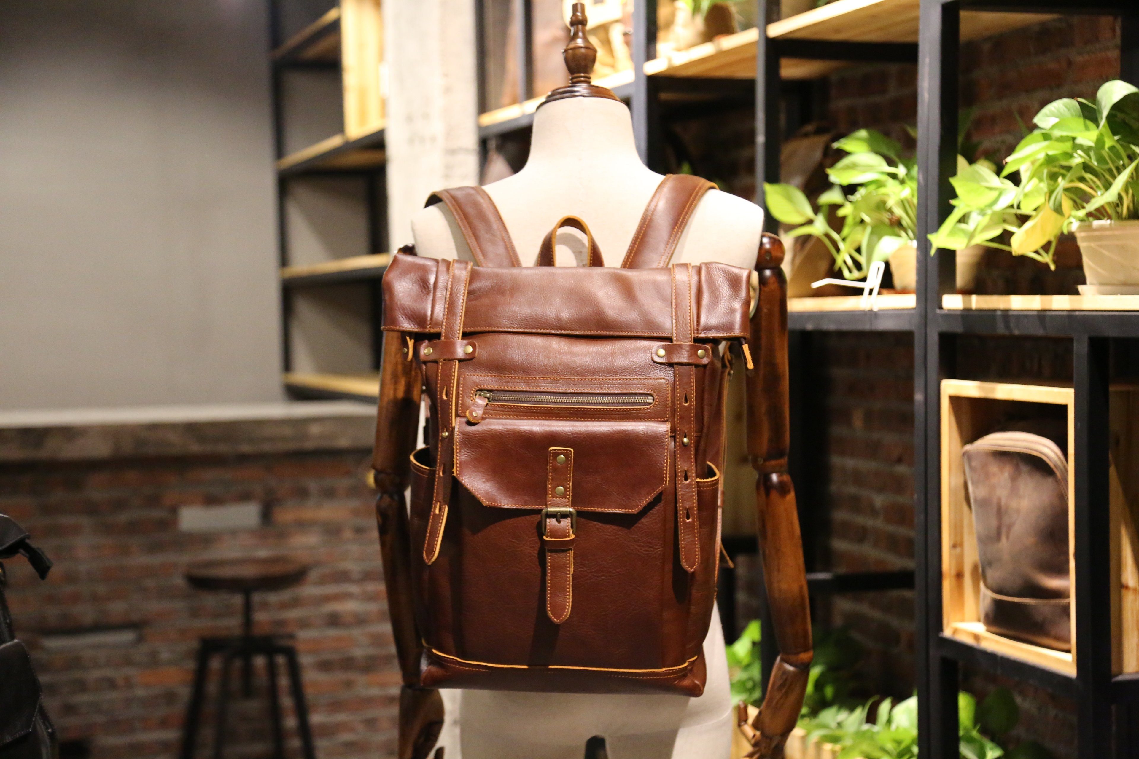 OKWISH Laptoprucksack Rucksack Schulrucksack Lederrucksack Reiserucksack Schultertasche (Vintage Echtes Leder Notebook Laptop Tasche Schule Uni Rucksack, Backpack mit Laptopfach, luxuriös, Luxus, Echtleder), für Herren Damen Jungen Teenager Freizeit