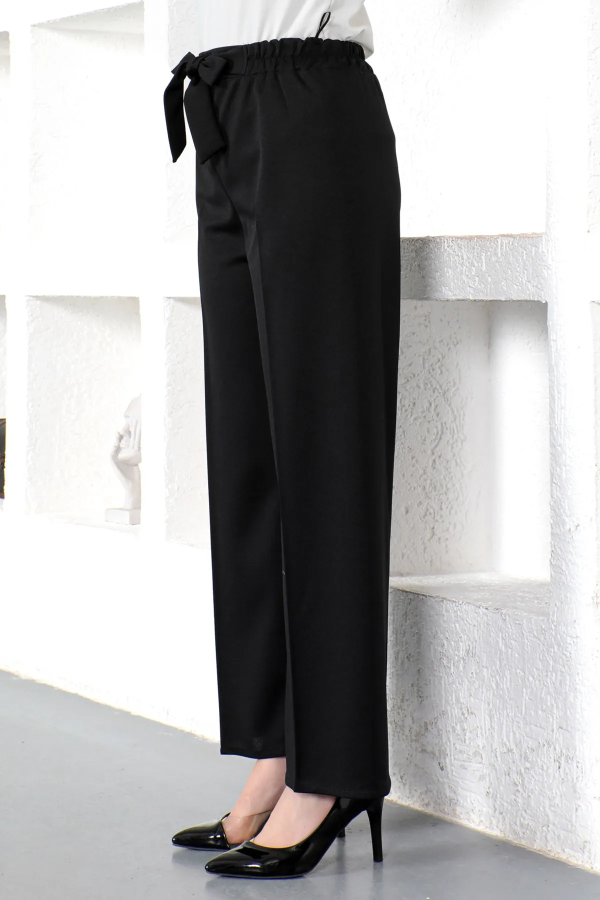 Tesettür Dünyası  Hose mit weitem Bein und elastischer Taille Tsd230109 Schwarz
