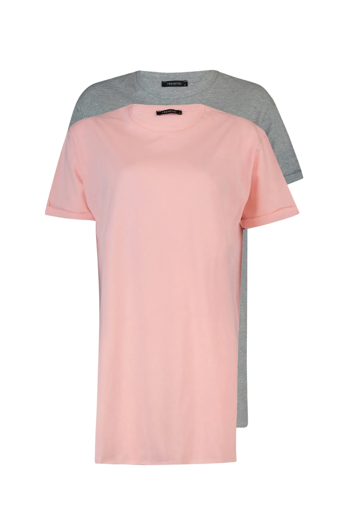 Trendyol Modest  Grau-Rosa 2er-Pack kurzärmliges Basic-Strick-T-Shirt mit Schlitz und detailliertem Rundhalsausschnitt TCTSS21UK0009