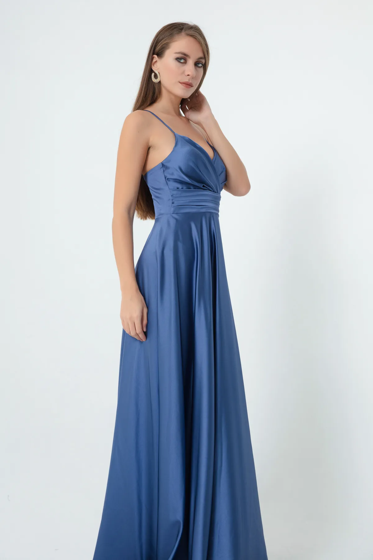 Lafaba  Damen-Abendkleid und Abschlusskleid aus Satin in Indigo-Optik mit Taillengürtel und Gürtel