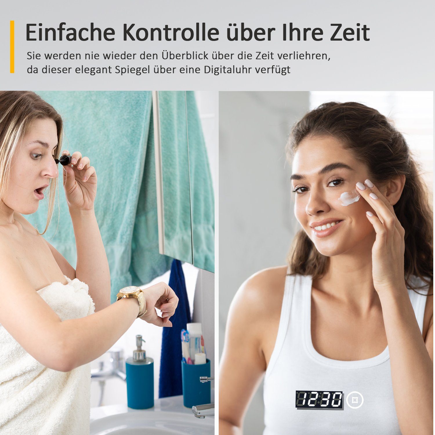 WDWRITTI Spiegel Bad mit uhr Touch Badspiegel mit beleuchtung 50x70 (Wandspiegel Helligkeit 3Lichtfarben, 3000-6500K), Speicherfunktion, IP44